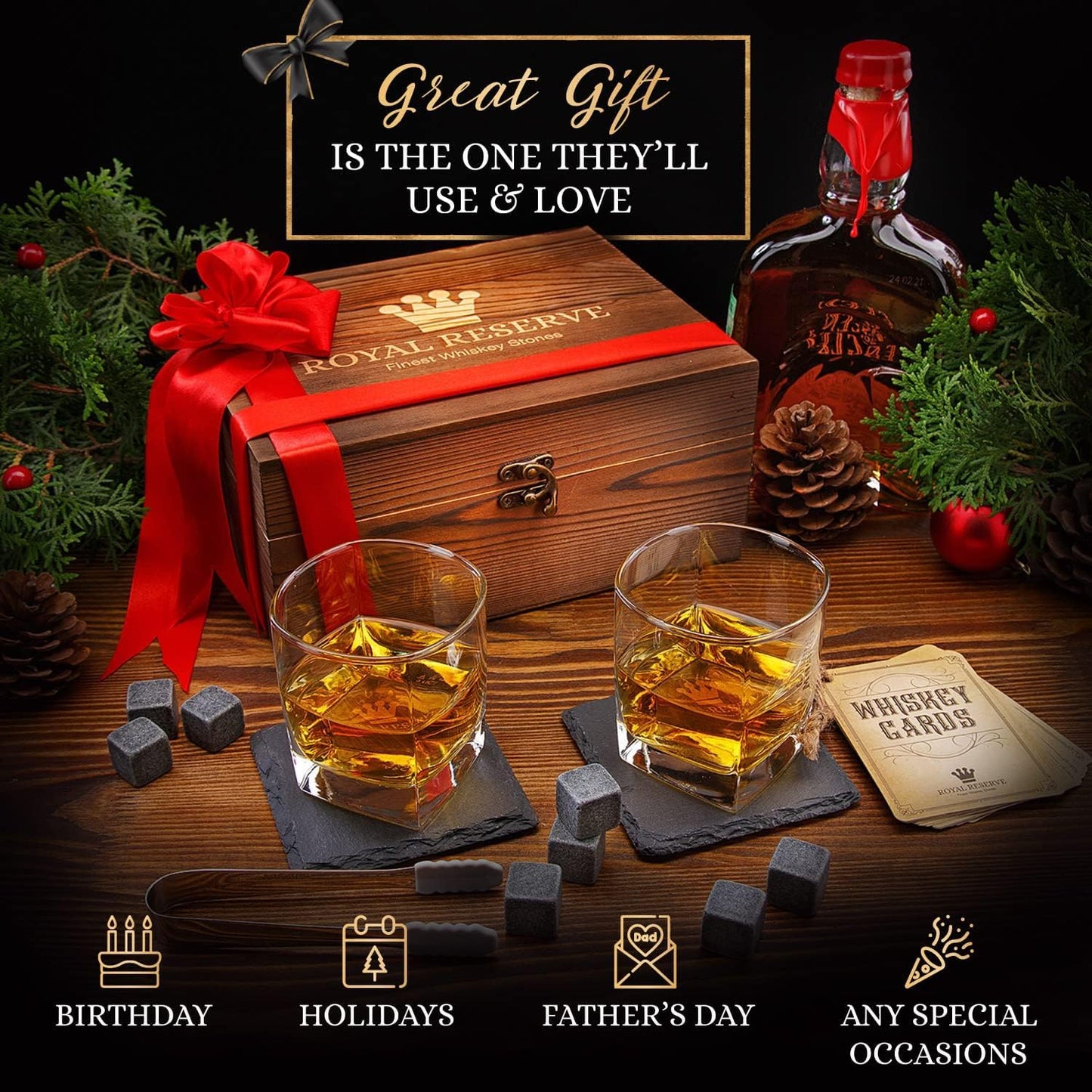 Whiskey gift set - whiskey glasses, stones, coasters, ice tongs, wooden box, history and recipe cards, velvet bag - accessory set, gift for men, husband, from Royal Reserve