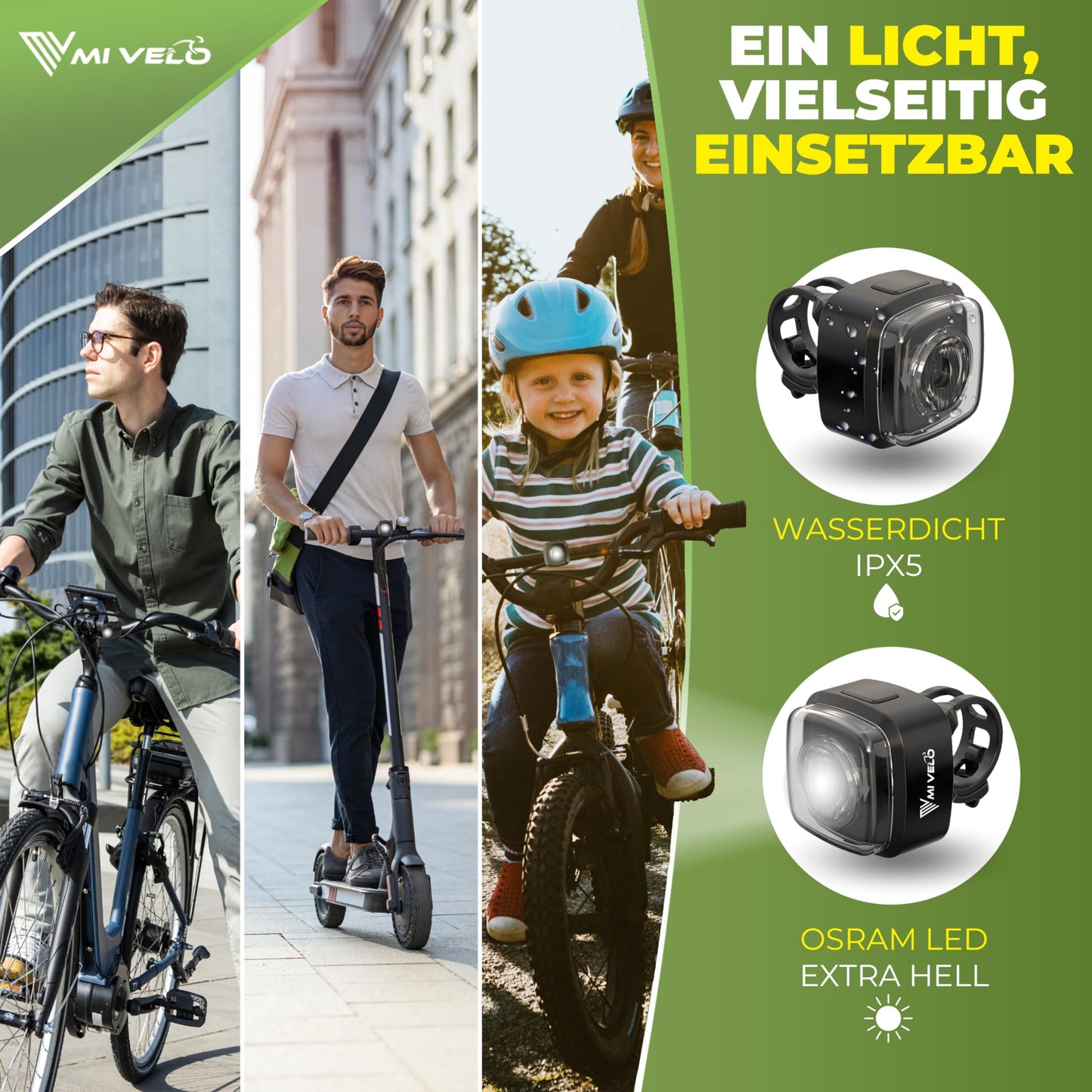 MIVELO Cube ONE front bicycle light approved according to StVZO regulations bike front light USB rechargeable & 100% waterproof LED bike light front, bike lamp