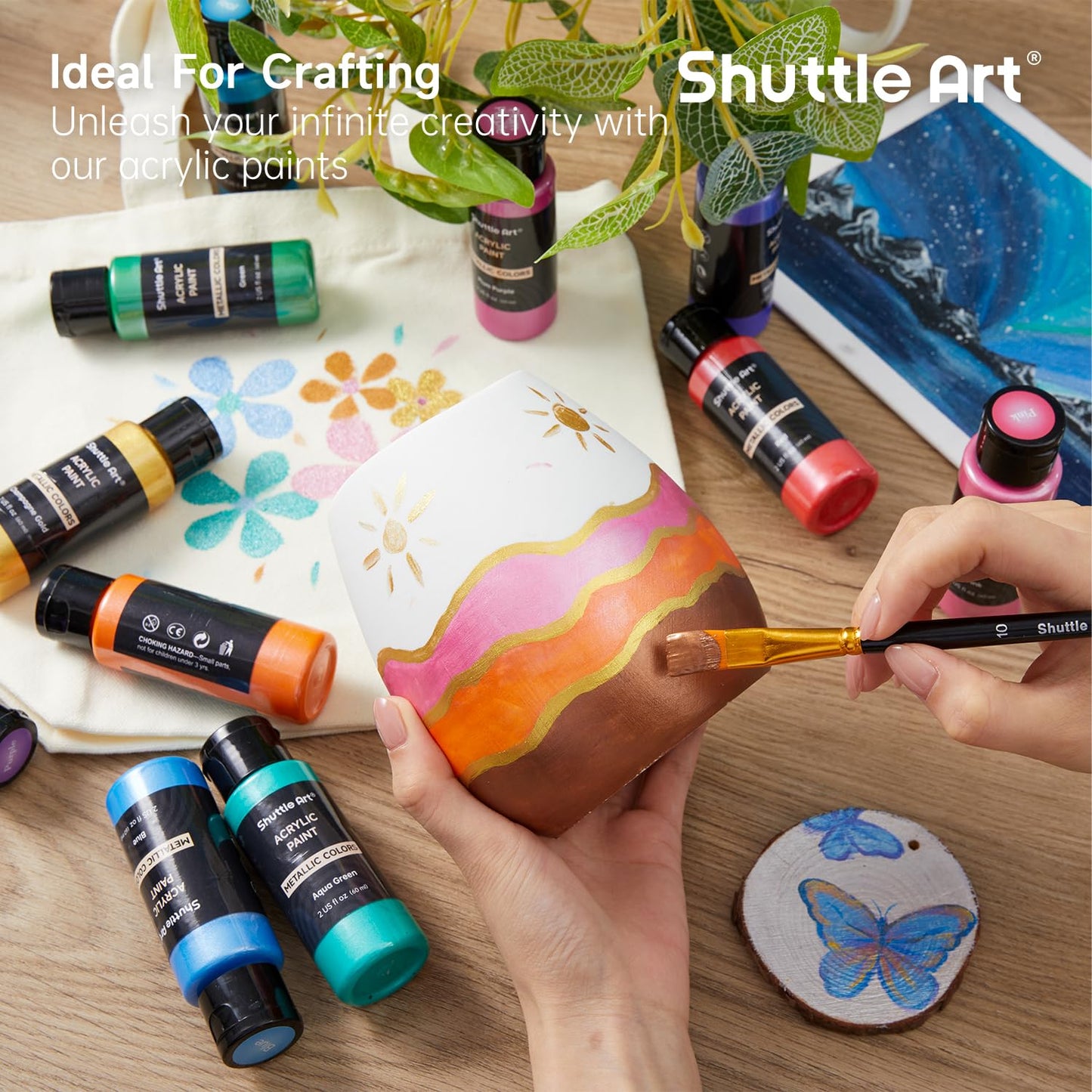 Shuttle Art Metallic Acrylic Paint Set, 20x60ml Metallic Acrylic Paint +10 Brush Set +1 Palette, Acrylic Paint Set for Kids, Adults for Crafting, Painting, Dotting on Canvas, Wood, Stone, Halloween.