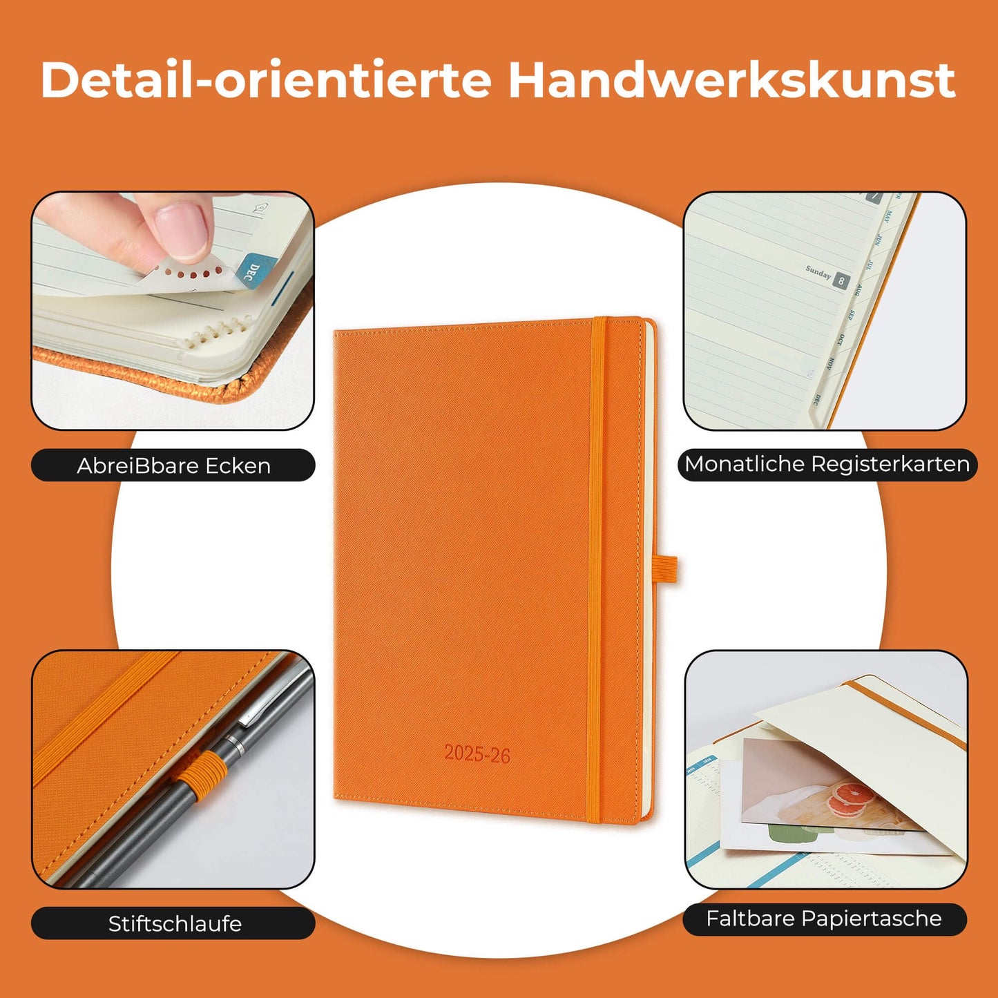 IN-LUXPRO Calendar 2025 2026 Weekly Planner, 18-Month Book Calendar (Jul.2025-Dec.2026) Monthly Calendar with Expense & Note Pages A4 (29 x 21.7 cm), with Vegan Leather & Note Pages, Orange Color.