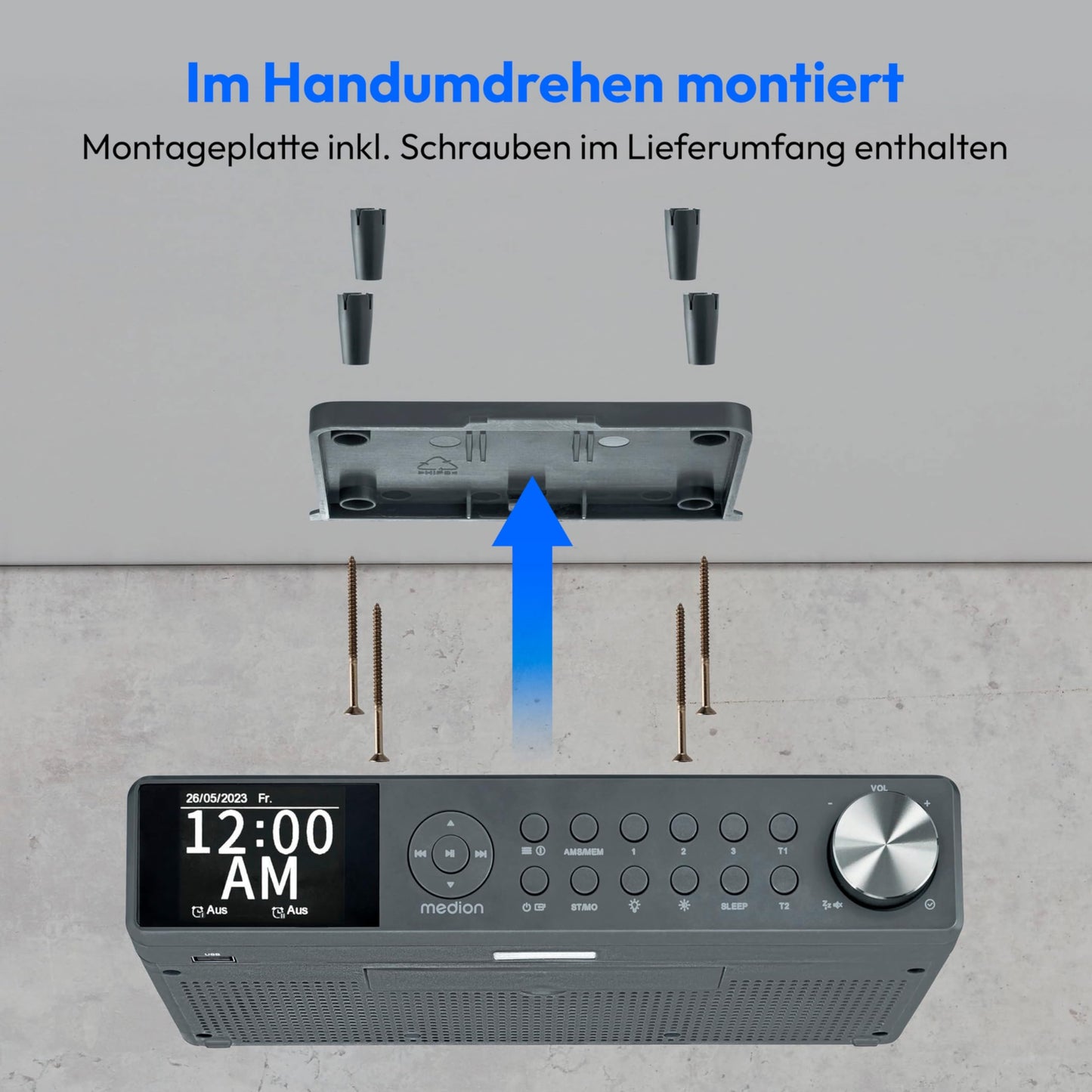MEDION P66750 Kitchen Under-Cabinet Radio (DAB+ kitchen radio, PLL FM radio, dimmable TFT color display, cooking timer, Bluetooth, LED strip, including mounting material) gray