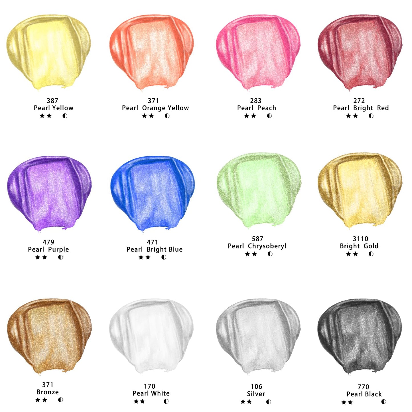 Artecho Metallic Acrylic Paint Set 12x59ml, Non-toxic metallic colors, waterproof and lightfast, fast drying, perfect for canvas, paper, and fabrics.