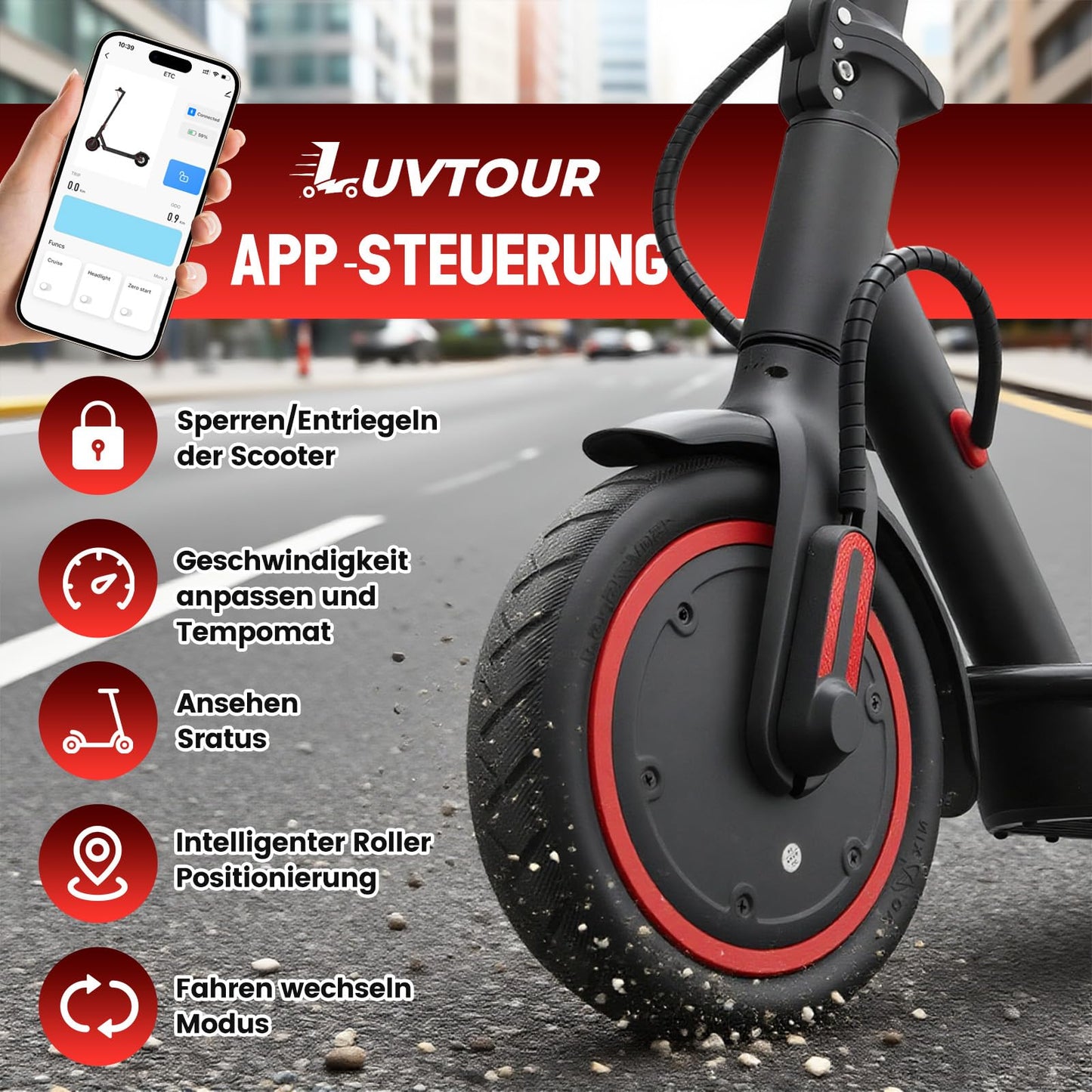 LuvTour E-Scooter with app function, mobile phone holder, and theft protection. Foldable e-scooter, 25-30 km range Li-Ion battery, electric scooter Max. load 120 kg.