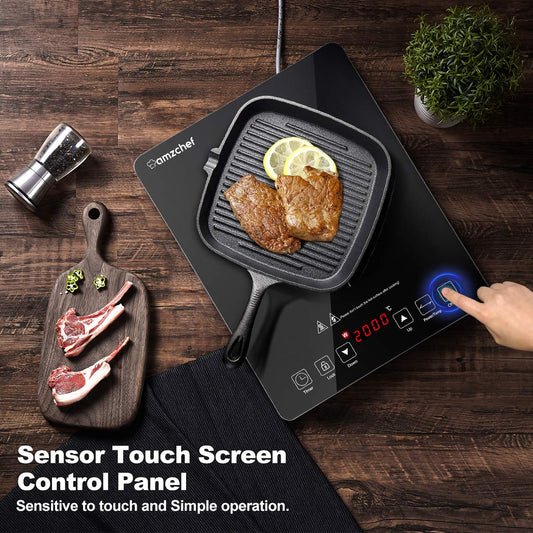 Induction cooktop 1 burner, AMZCHEF induction hot plate with ultra-thin design, 20 temperature levels and 20 power settings, 2000W induction cooktop with 3-hour timer, safety lock.