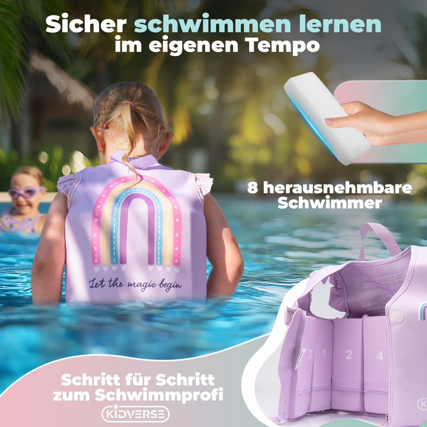 KIDVERSE Swim Vest Kids 2-3 Years - TÜV certified swim aid with waist size up to 56cm - Swim aid for kids 2-3 years - Children's swim vest for learning to swim - Comfortable swim vest for kids