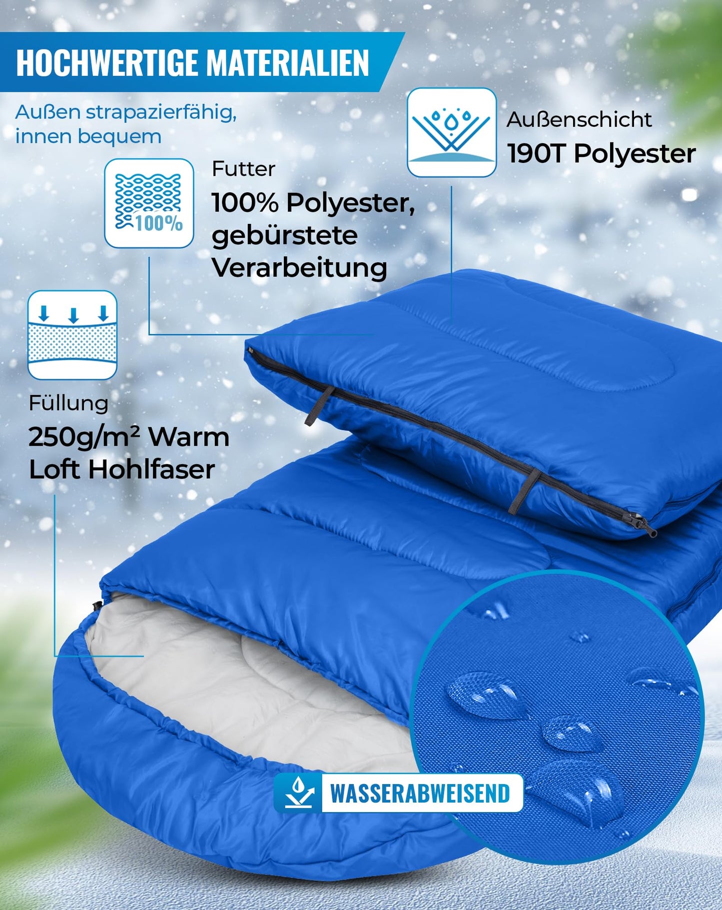 KingCamp Oasis sleeping bags with headrest for adults. Lightweight, 3 seasons, Blue, 220 × 75 cm.
