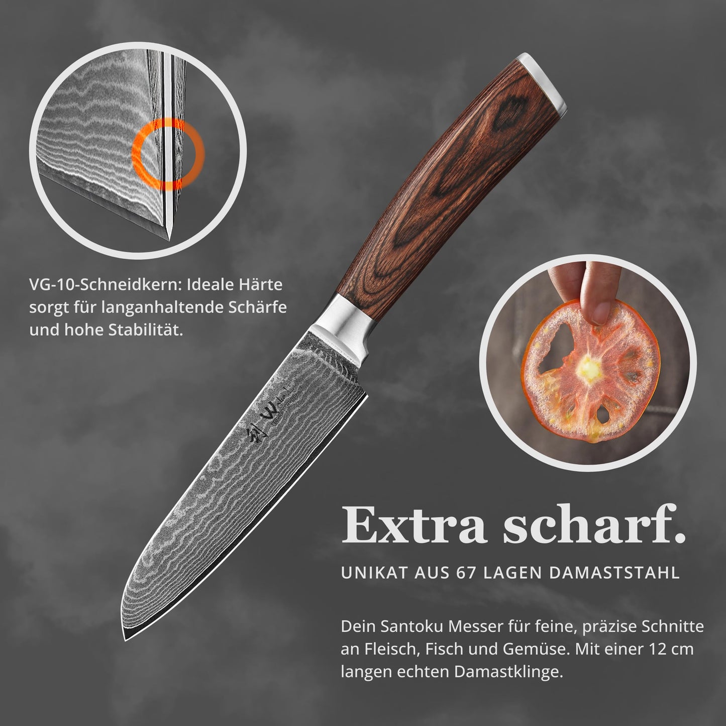 Wakoli EDIB Santoku knife 12cm - Small kitchen knife - VG10 core & 67 layers of damascus steel - Sharp damascus knife for vegetables & fruits - Pakkawood handle - Chef's knife - Gift box - Addition to knife set
