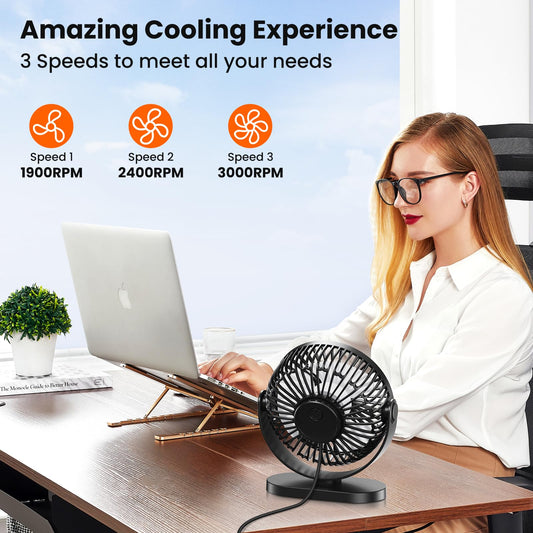 USB desk fan, powerful portable mini fan, 3 speeds for fast cooling, ultra-quiet & vibration-free, 360° rotating small fan with hook for home/office/kitchen.