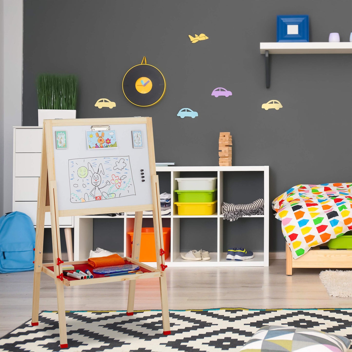 Relaxdays kids' easel, whiteboard and chalkboard, adjustable height, wooden stand, 102-135 x 55 x 52 cm, natural, light brown, white, dark green.
