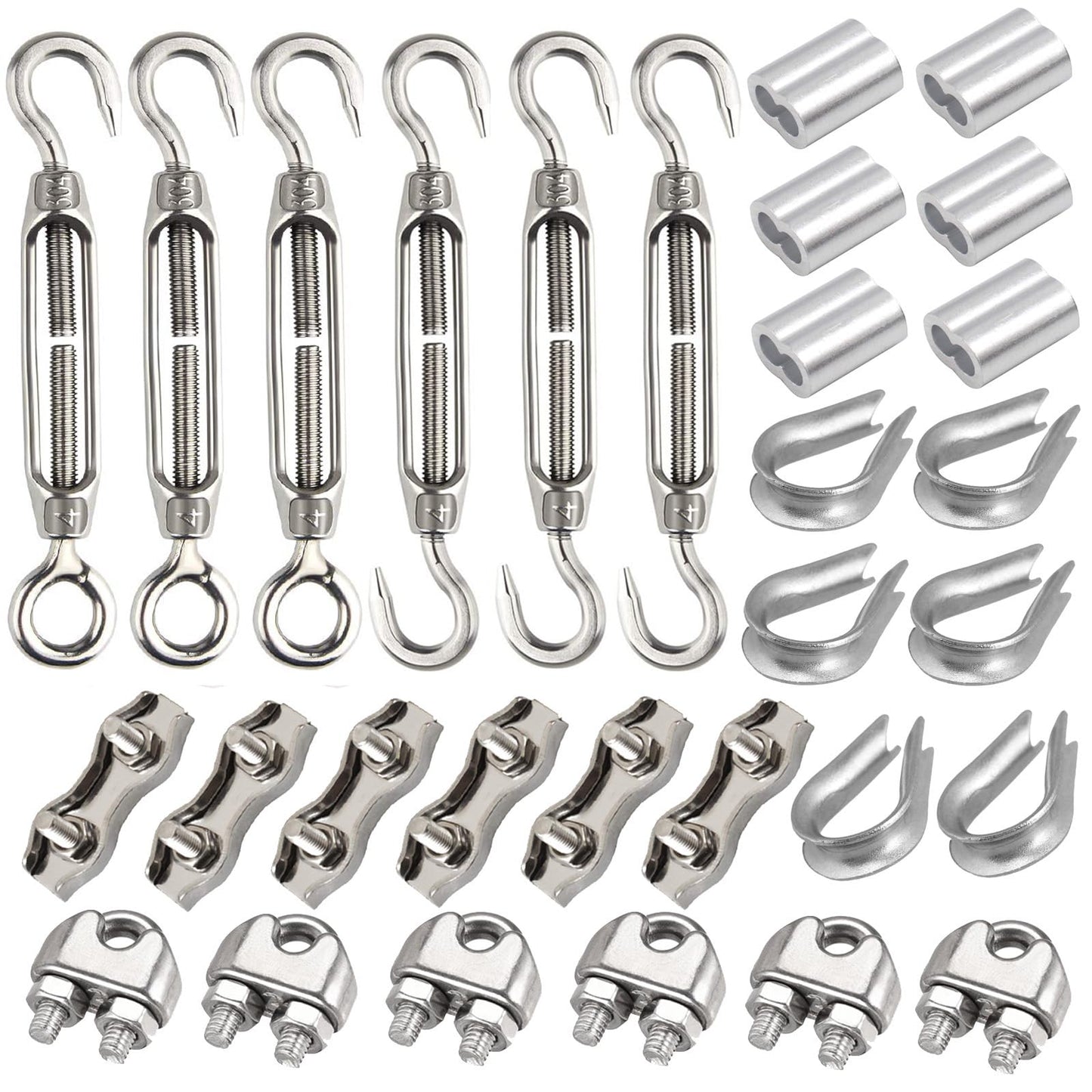 Leaum 30 piece turnbuckle M4 wire tensioner set, with stainless steel turnbuckle M4, 3mm stainless steel wire rope clamp, 3mm wire rope thimble, and 3mm aluminum ferrule for tightening tensioned rope.