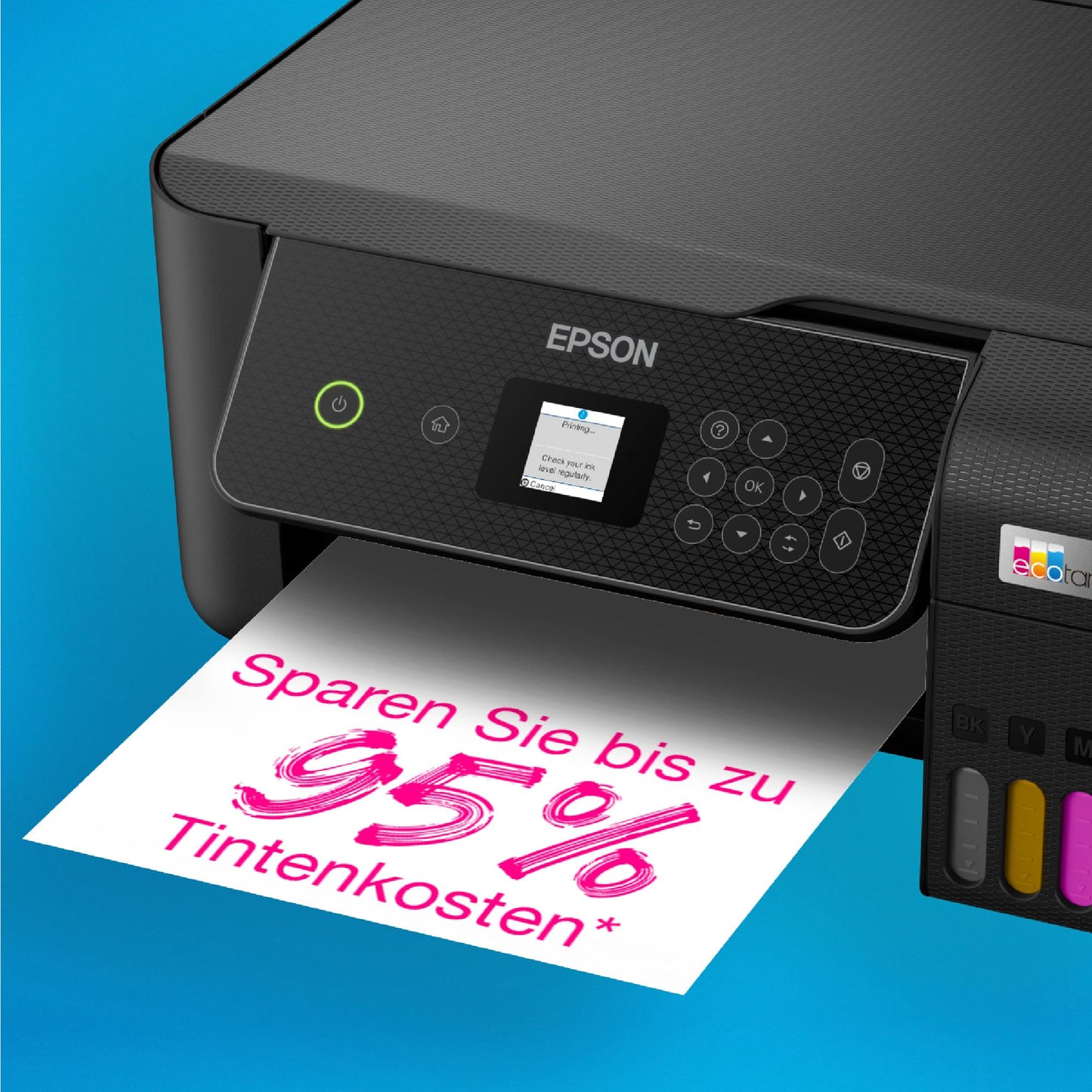 Epson EcoTank ET-2870 A4 multifunction Wi-Fi ink tank printer, with a supply of ink included that can last up to 3 years.