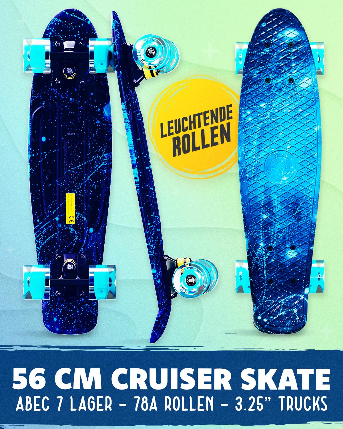 Deleven skateboard with LED wheels, skate tool, and ABEC 7 bearings - for kids and adults beginners - 56 cm