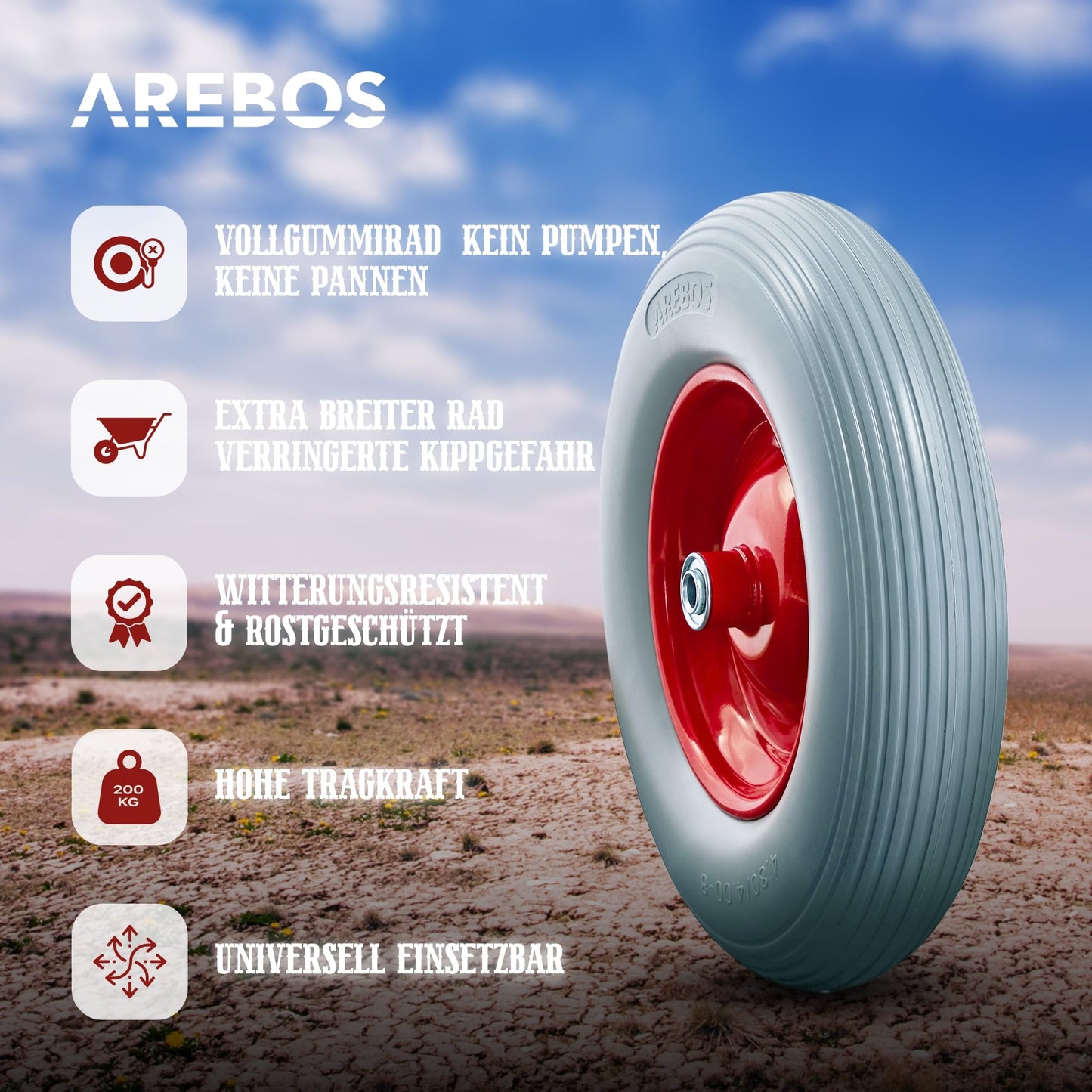 Arebos wheelbarrow wheel made of puncture-proof PU solid rubber. Load capacity 200 kg. Tire with steel rim. 4.80/4.00-8. Replacement wheel with axle. Diameter 390 mm. Grey.
