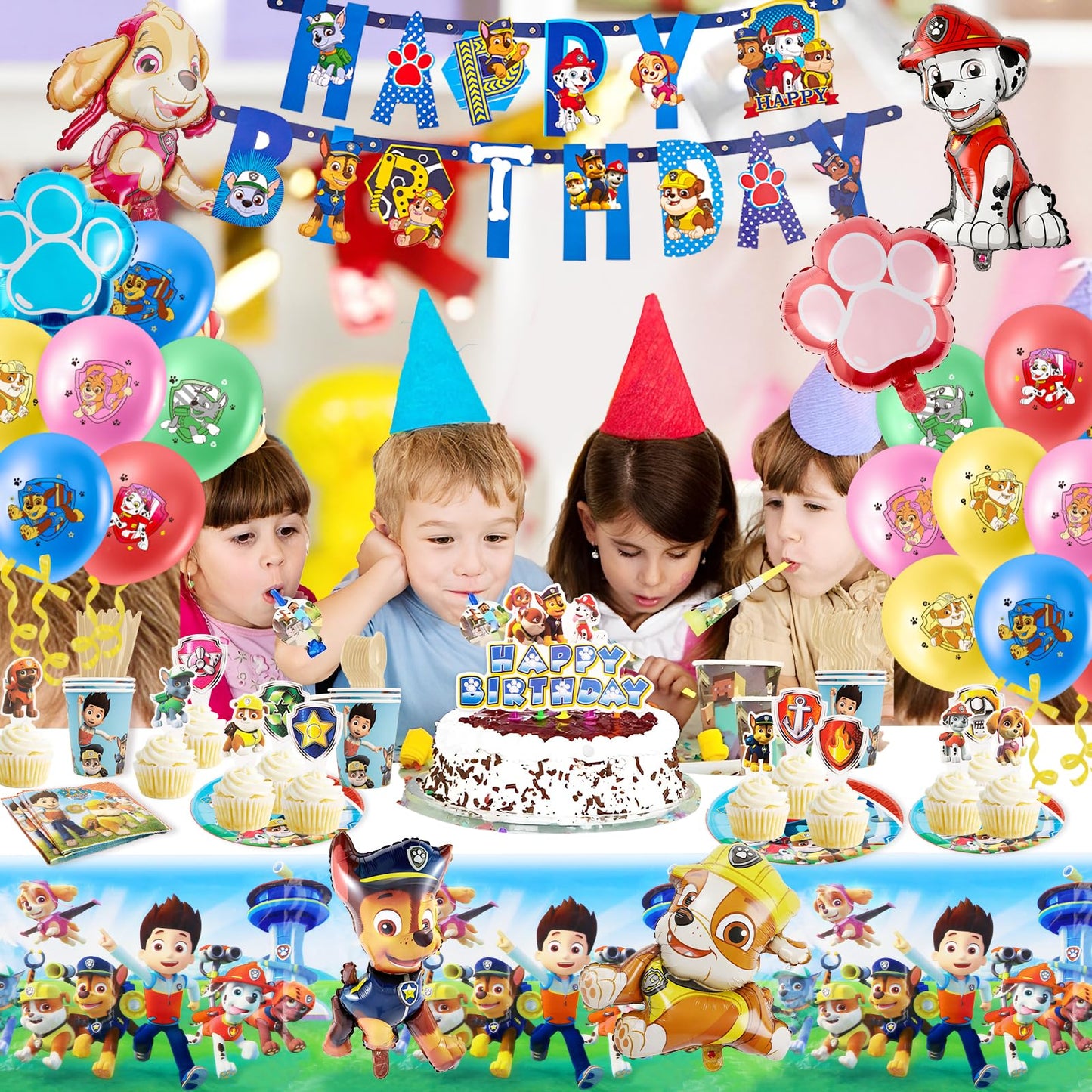 105-piece paper plate set for kids' birthday party with Paw Dog Patrol decoration - includes reusable cups, napkins, tablecloth, and partyware for 10 people.