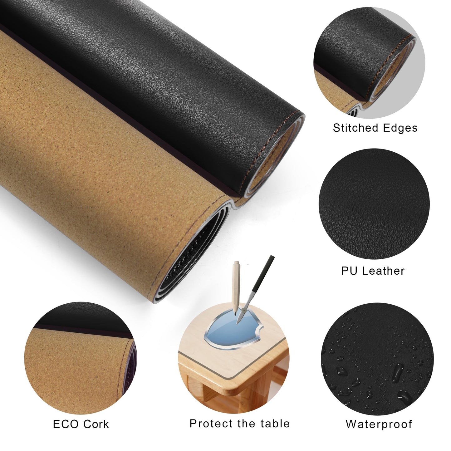 MAIDERN Desk Pad Cork & Leather 130 x 70cm, Double-Sided Felt Desk Mat, Large Mouse Pad XXL, Waterproof Writing Mat Paper, Office and Home Table Mat (Black)