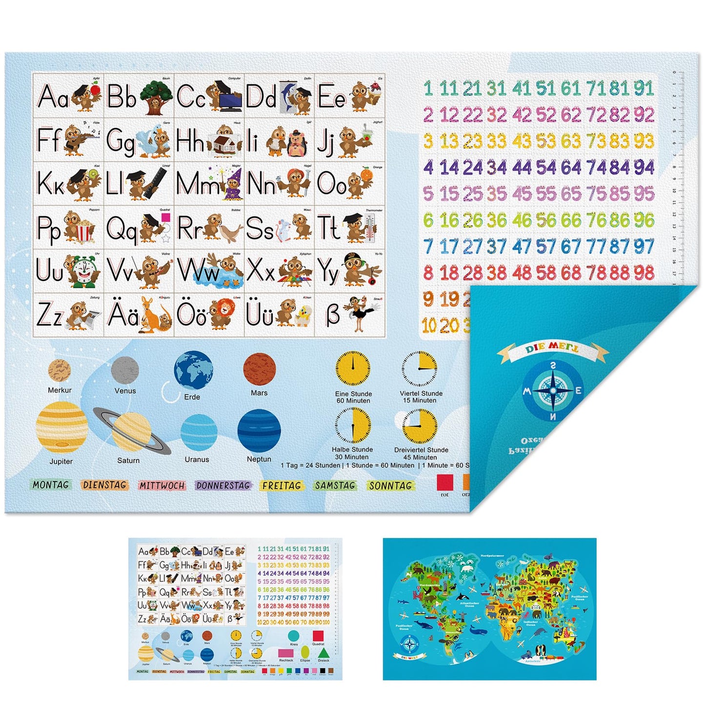 Desk pad for children, double sided world map desk pad waterproof made of durable, wipeable painting pad for children/girls (60x40 cm)