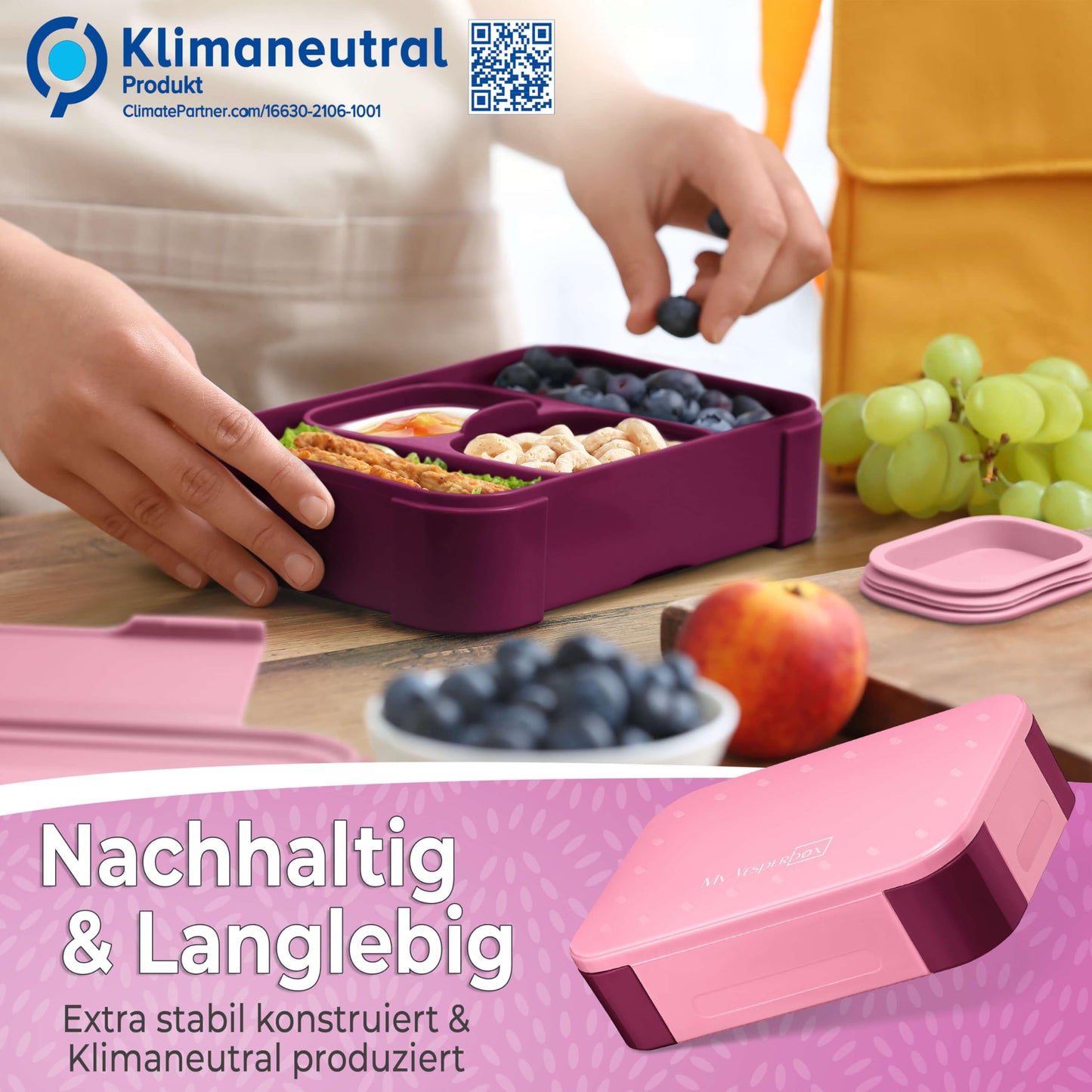 My Vesperbox - Mini Lite - Bento Box for Kids - Lunchbox - extremely durable - ideal for kindergarten and school (Pink-Purple)