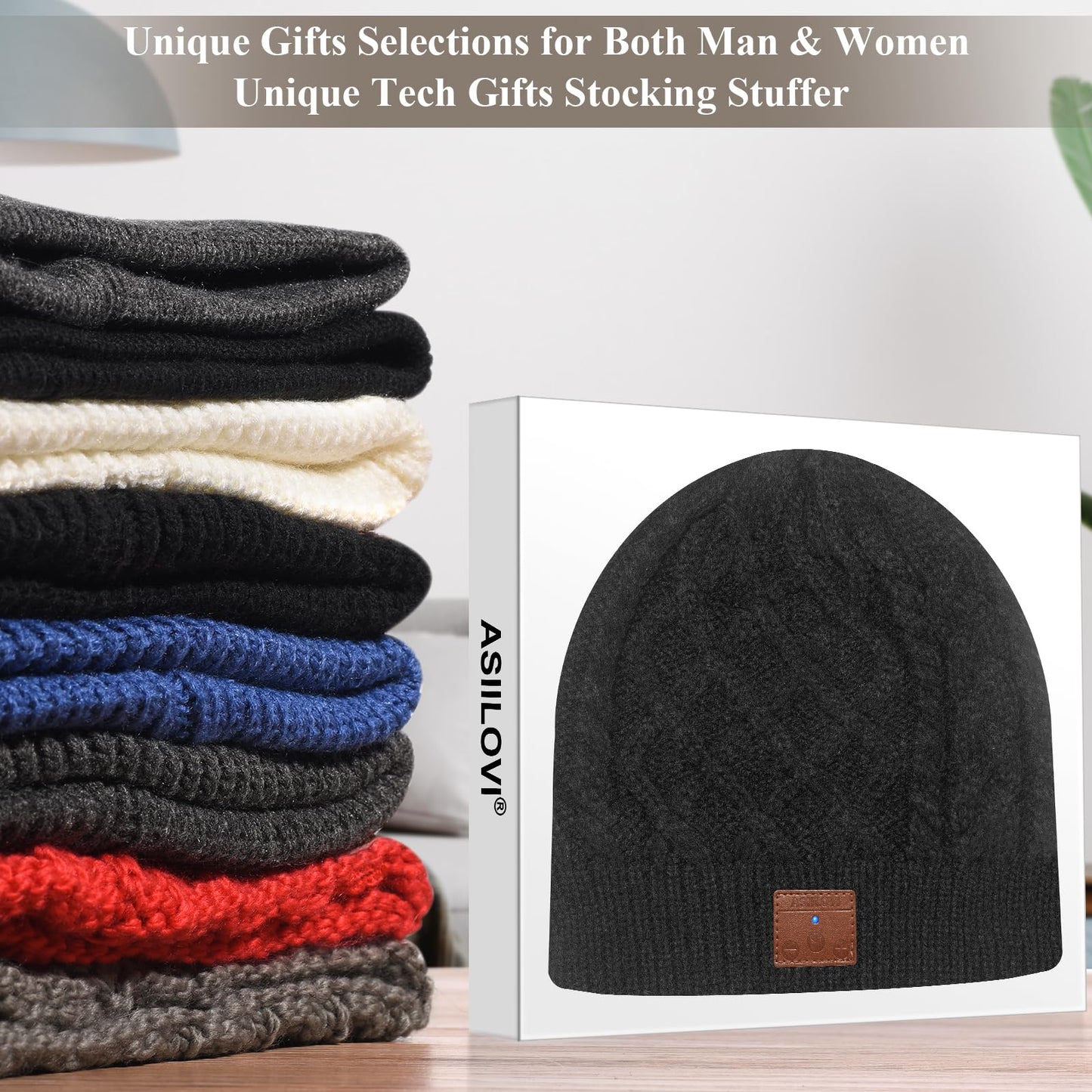 ASIILOVI Bluetooth Beanie, Bluetooth 5.0 Wireless Winter Warm Knit Hat with Double Fleece Lining, Microphone, and HD Speakers, Gifts for Family Thanksgiving Outdoor Christmas- Unisex