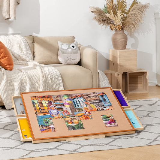 Tektalk portable puzzle table with leather handle, adjustable stand/holder, 4 colorful sorting drawers, flannel surface, transparent PP cover, for up to 1500 pieces.