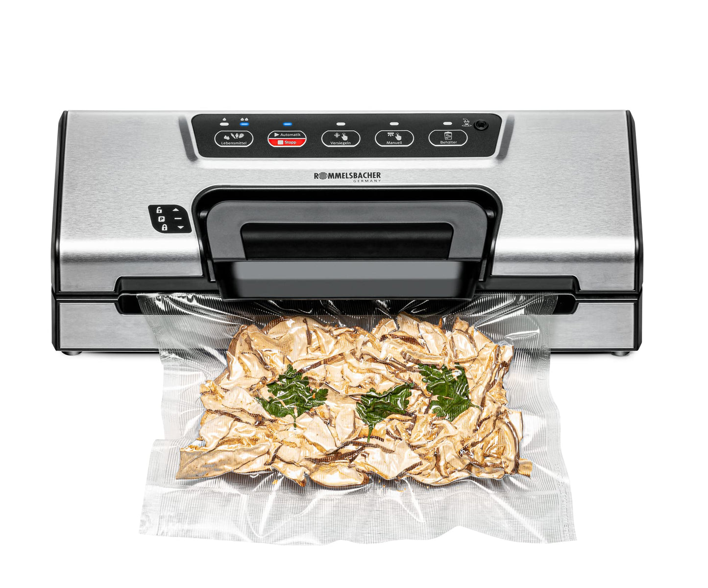 ROMMELSBACHER vacuum sealer VAC 385, 12 liters/minute, one-hand operation, roll storage, strong sealing seam, hose connection for containers, automatic & manual vacuuming and sealing, stainless steel