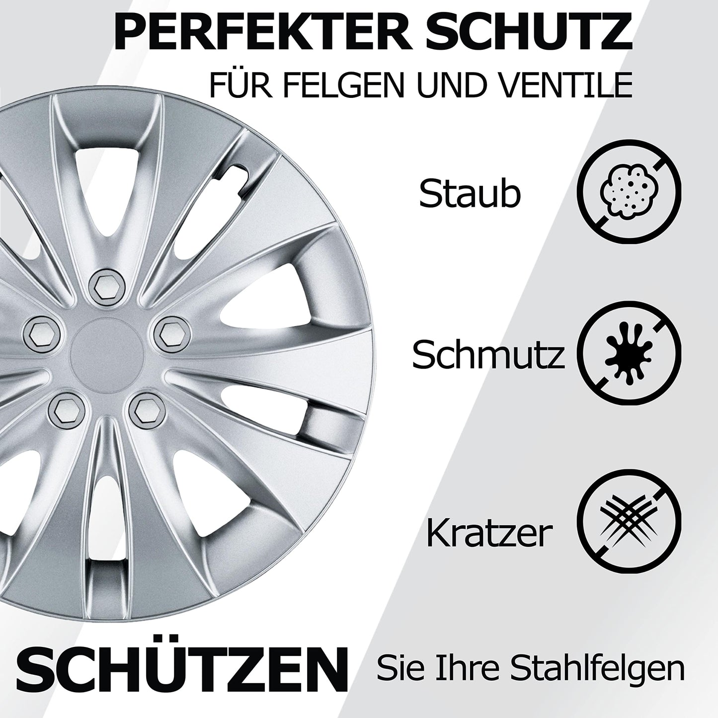 15-inch wheel caps - Silver hubcaps 4-piece set of 13-16 inches - Stormer wheel trims for steel rims - Decorative caps in black or silver - Wheel covers for car wheels