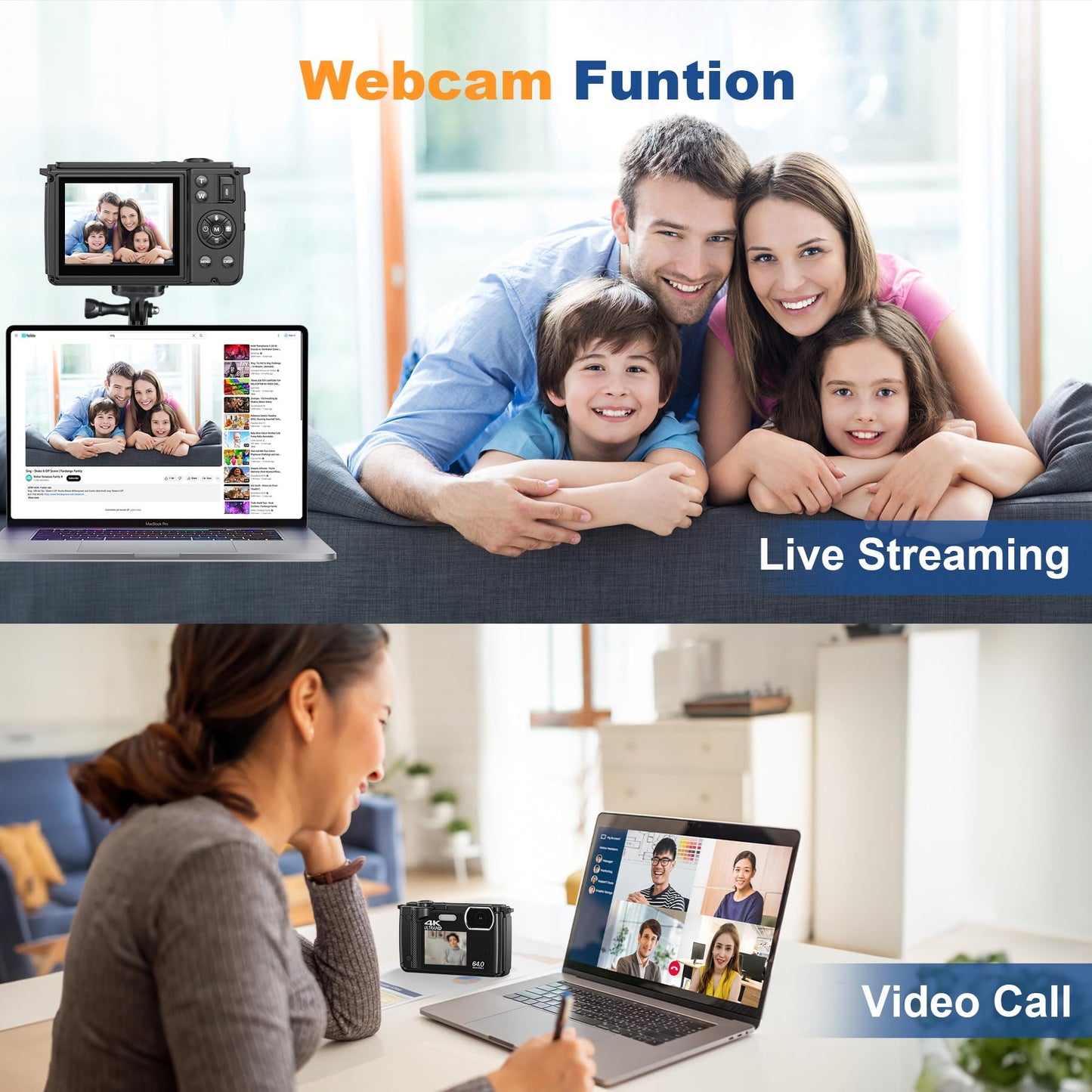 Digital camera, 4K 64MP photography camera, 18X Zoom vlogging camera for YouTube with WiFi, selfie dual screens, small compact camera with 32GB SD card, battery for adults, students, beginners.