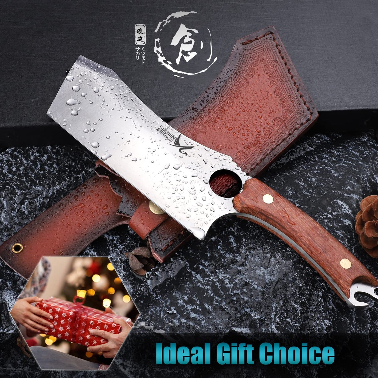 Golden Bird Japanese knife Full Tang Chef Knife Professional knife Forged in fire Sharp kitchen cleaver with sheath Gift box Bottle opener Cleaver Kitchen knife for outdoor camping