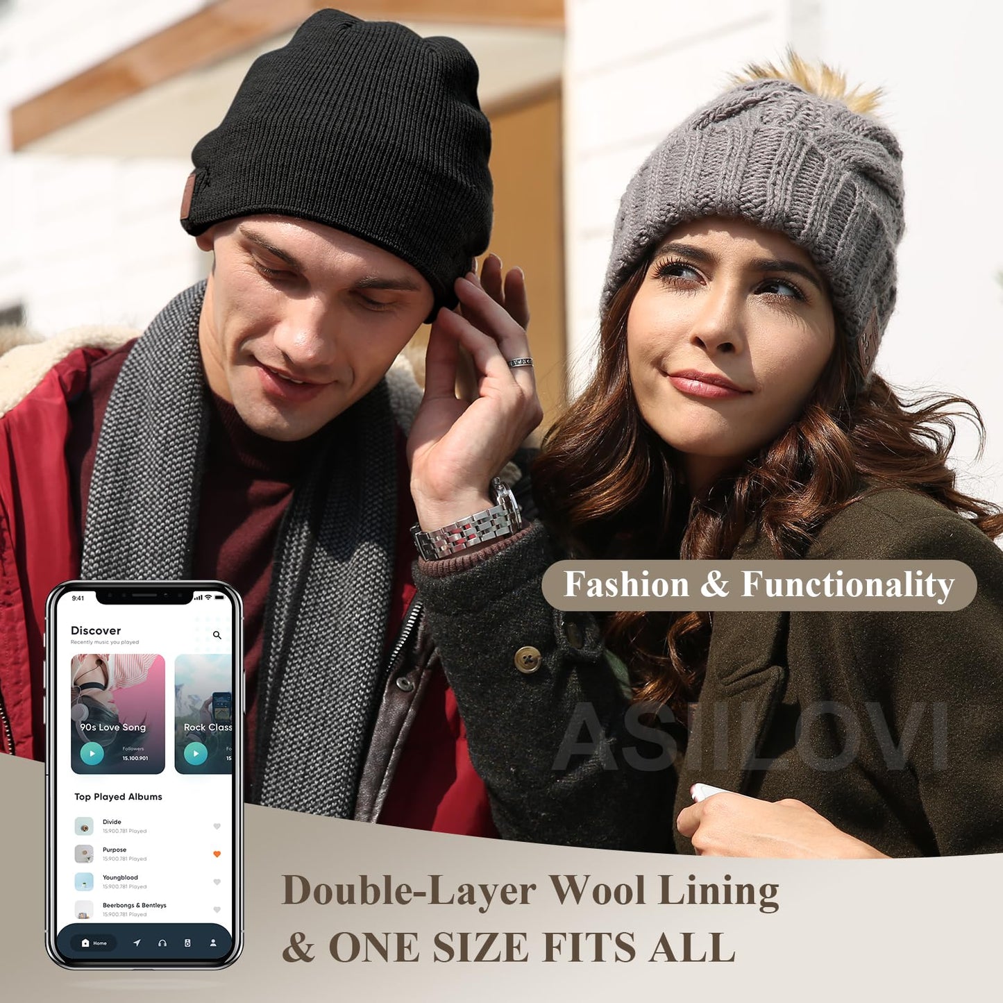 ASIILOVI Bluetooth Beanie, Bluetooth 5.0 Wireless Winter Warm Knit Hat with Double Fleece Lining, Microphone, and HD Speakers, Gifts for Family Thanksgiving Outdoor Christmas- Unisex