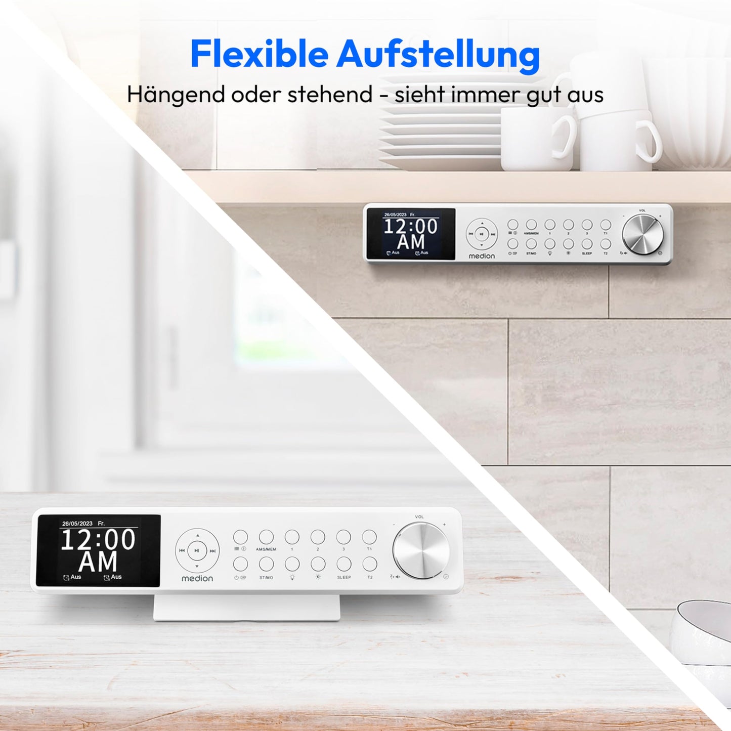 MEDION P66750 Kitchen under-cabinet radio (DAB+ kitchen radio, PLL FM radio, dimmable TFT color display, cooking timer, Bluetooth, LED strip, including mounting material) white