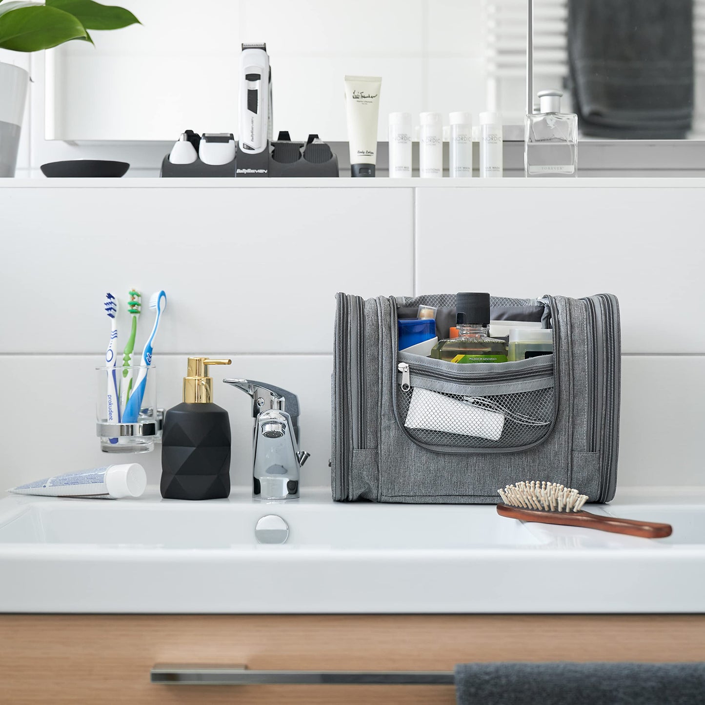 Obics toiletry bag men & women large grey 8L XL - toiletry bag with mirror & hanging hook - bathroom bag with handle - cosmetic bag large - travel toiletry bag 10 compartments for camping travel