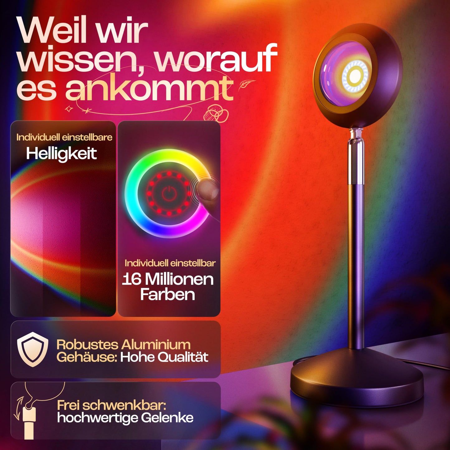 HEYLED® Sunset Lamp with Smart Home Integration and App Control - Includes EBOOK - LED Sunset Lamp for a pleasant sunlight experience (with Alexa and Hey Google voice control)