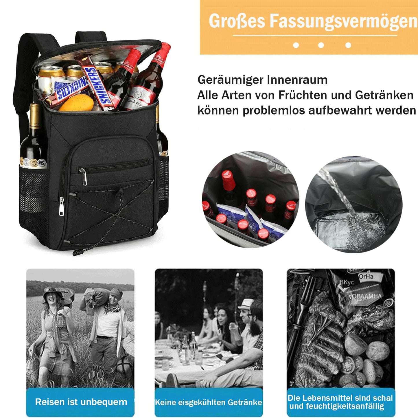 Cooler backpack, large insulated cooler bag, 30L waterproof cooler backpack, ultralight backpacks, picnic bag, thermal bag, large capacity for beach, camping, BBQ (black)
