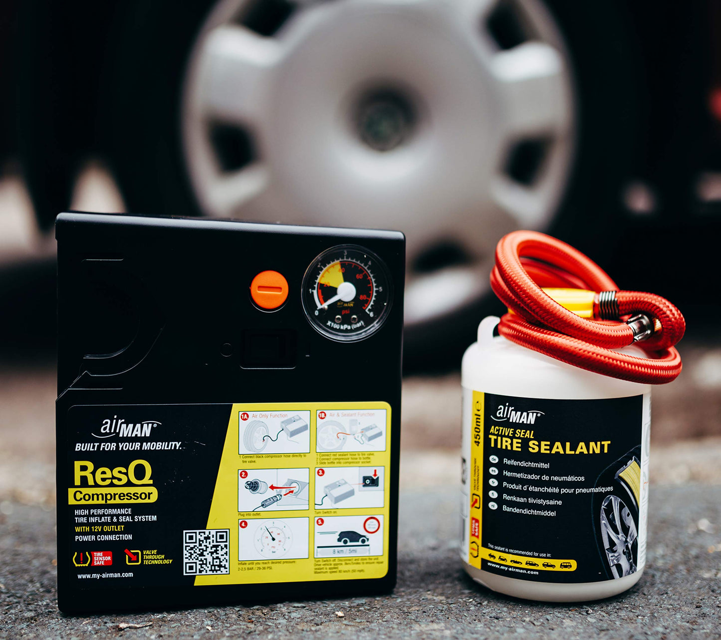 AirMan Resq tire repair kit for cars, featuring Valve-Through technology, repairs all tire types, including the powerful 12V air compressor tire sealant.