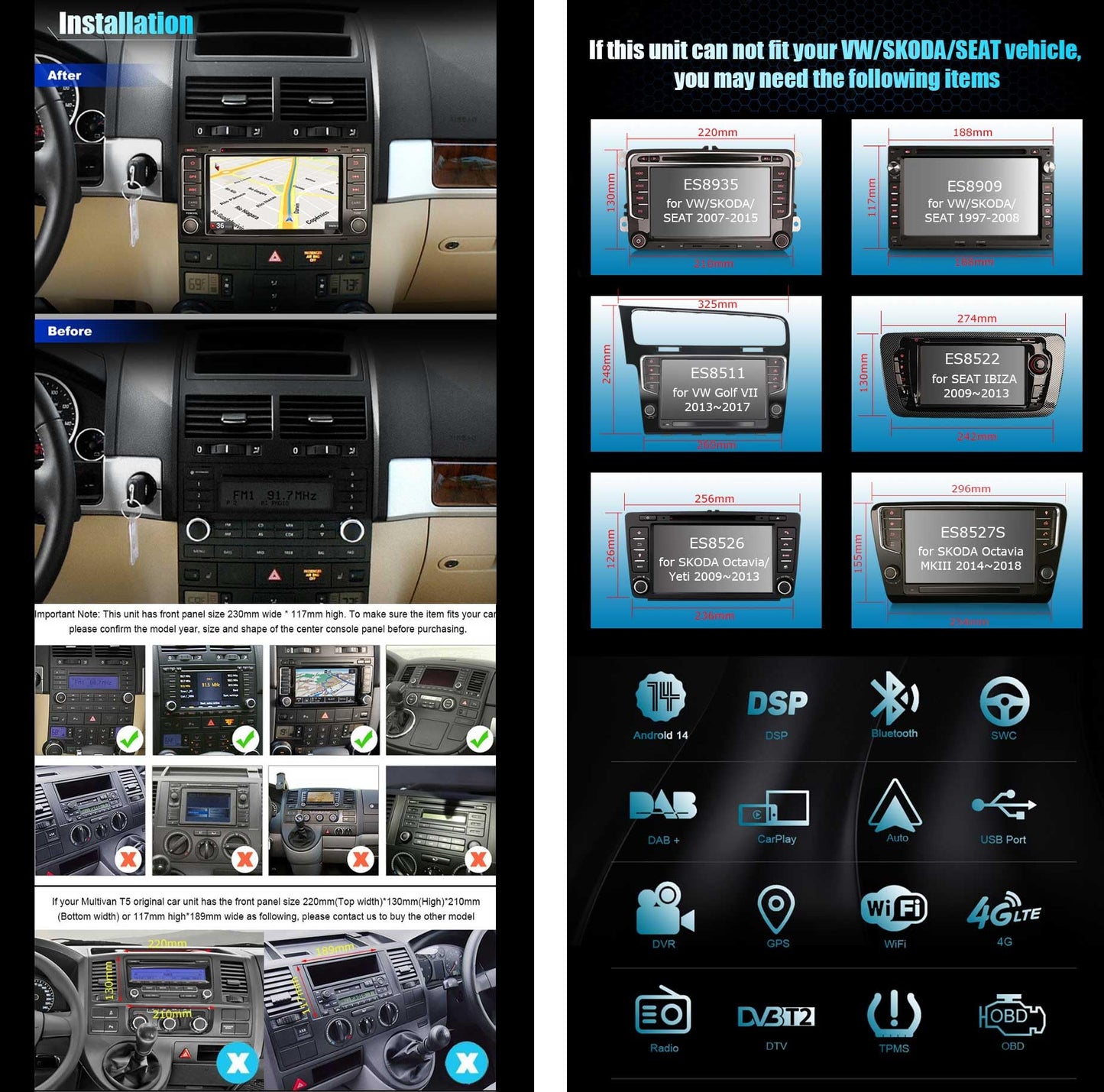 8-core Android 14 4GB RAM +64GB ROM 2 din car radio DVD Bluetooth for VW T5 Multivan Touareg, wireless Carplay, DSP, WiFi, GPS, Canbus, rearview camera
