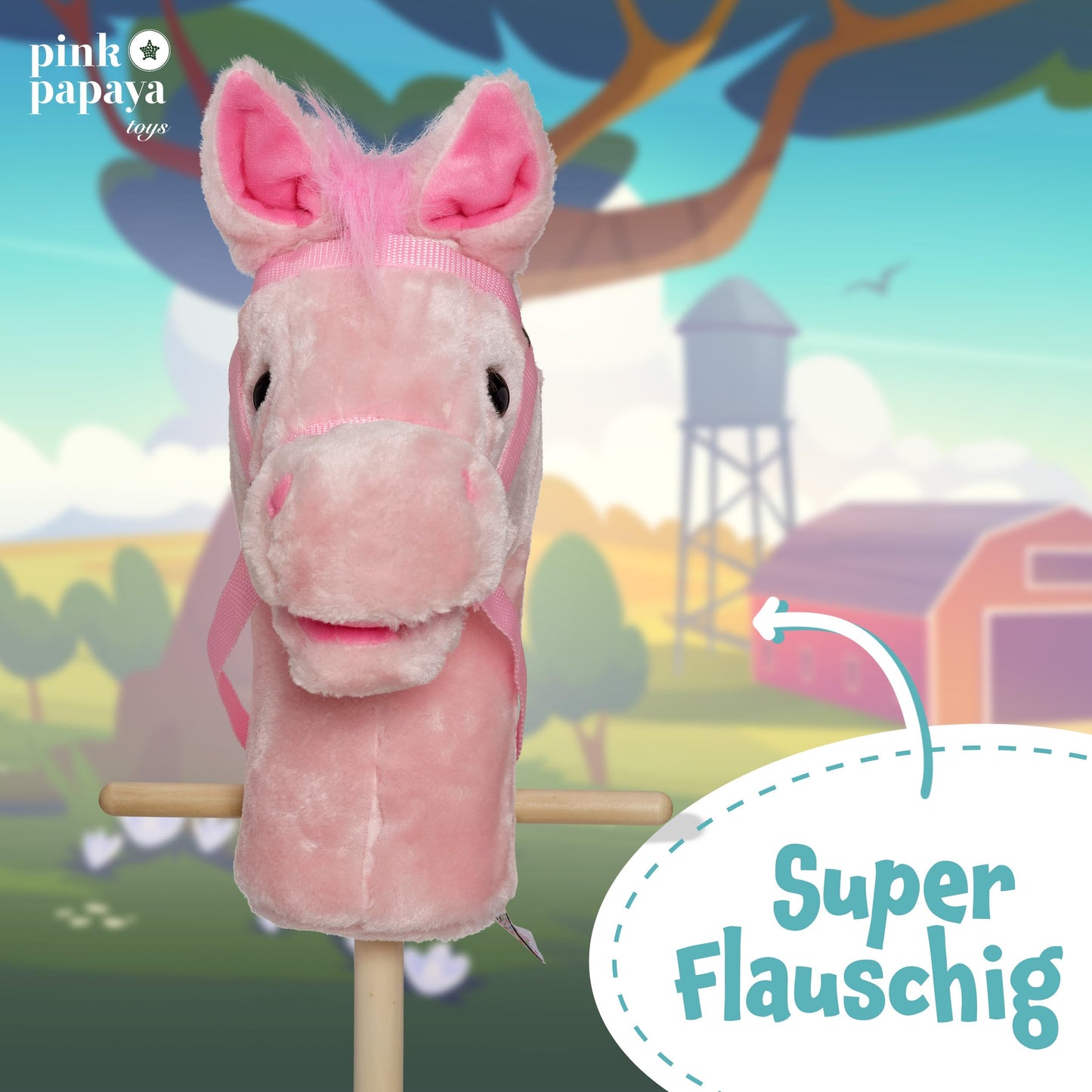 Pink Papaya Hobbyhorse, Sparkles, cute plush toy horse with sound function: Neighing and galloping sounds.