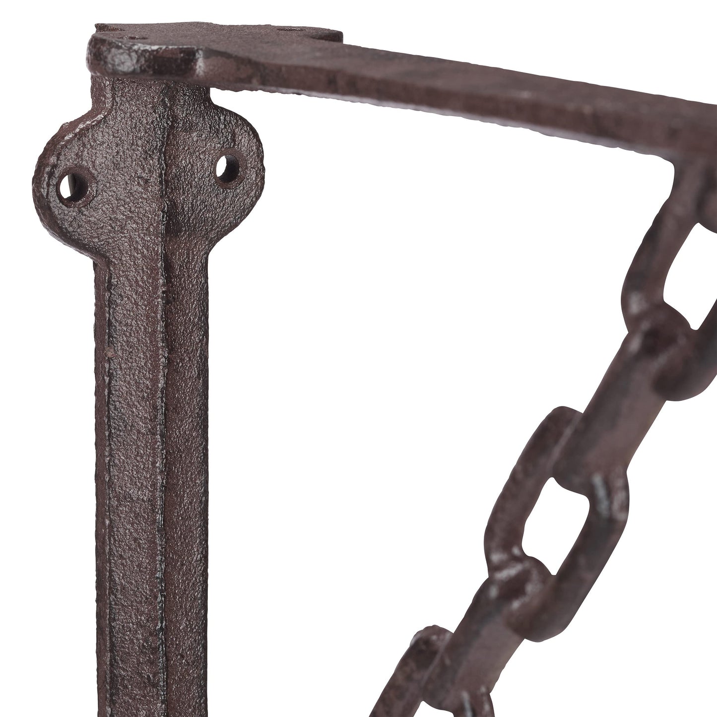 8 x Antique-style cast iron shelf brackets, featuring a unique chain design. These wall mounts are perfect for supporting shelves in a rustic brown finish.