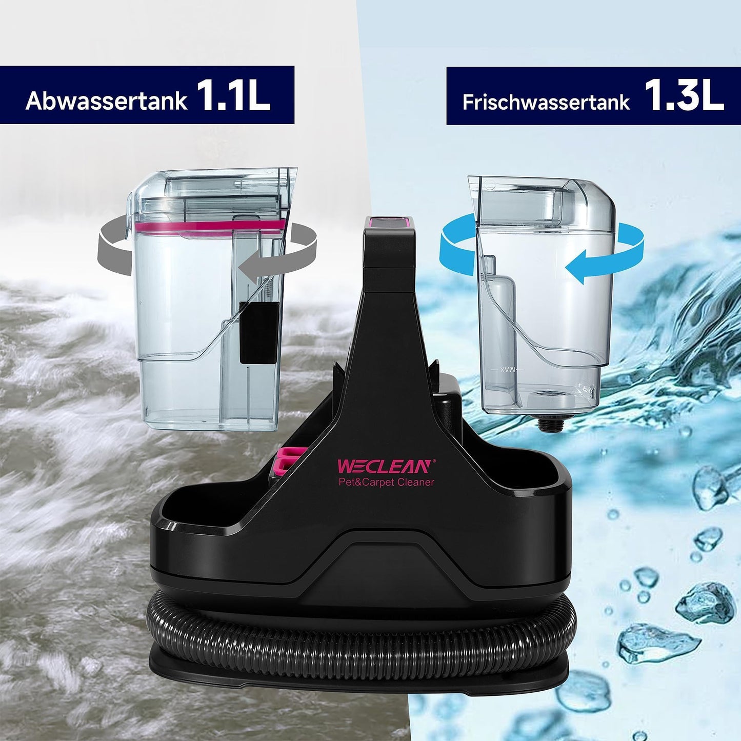 WECLEAN C3 wet/dry vacuum cleaner upholstery cleaner machine, stain remover for carpets, sofas, stairs, windows, mirrors, upholstery, cars, 600 watts, 15KPa, black/pink.