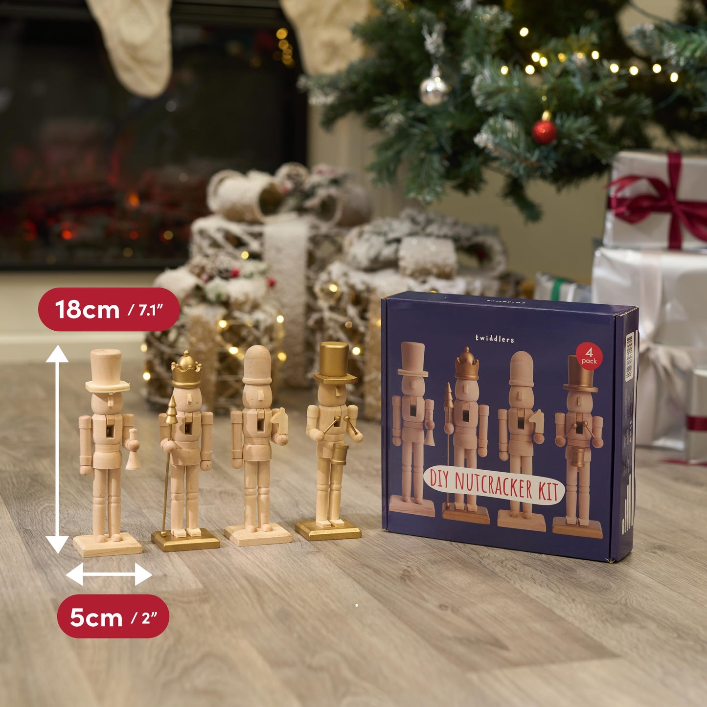 THE TWIDDLERS - 4 hand-painted wooden Nutcracker soldiers, 18cm - High-quality, handmade set, traditional pine wood ornaments, DIY Christmas decoration with movable parts.