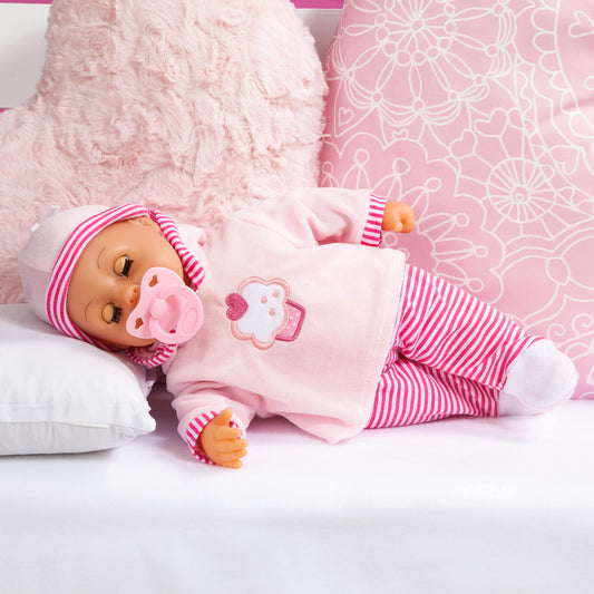 Baby doll First Words with sleeping eyes, speaks 24 baby sounds, comes with pacifier and bottle, 38 cm, pink/stripes.