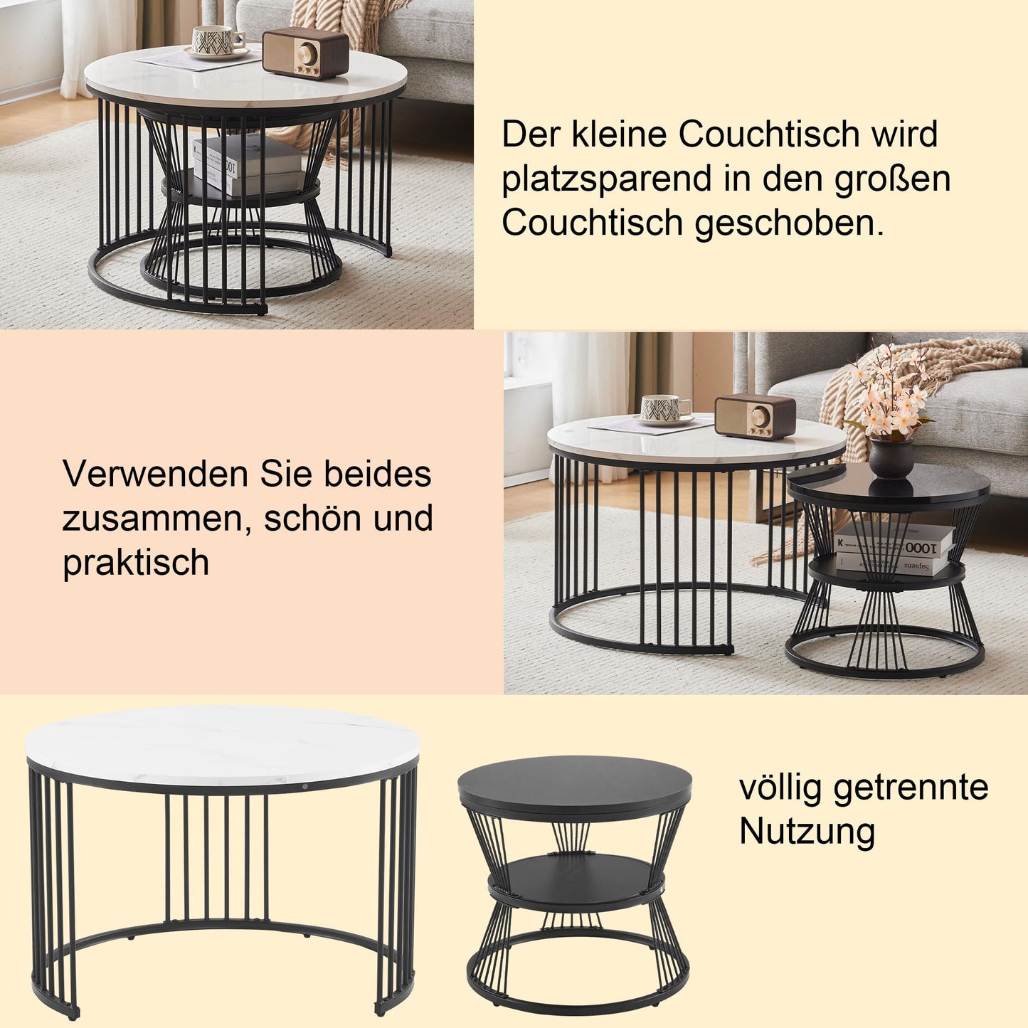 Merax Round Coffee Table 2 Piece Set, Modern Side Table with High Gloss Marble Effect for Living Room, Nesting Table for Reception Room, Balcony, and Office, Metal Frame, Black & White