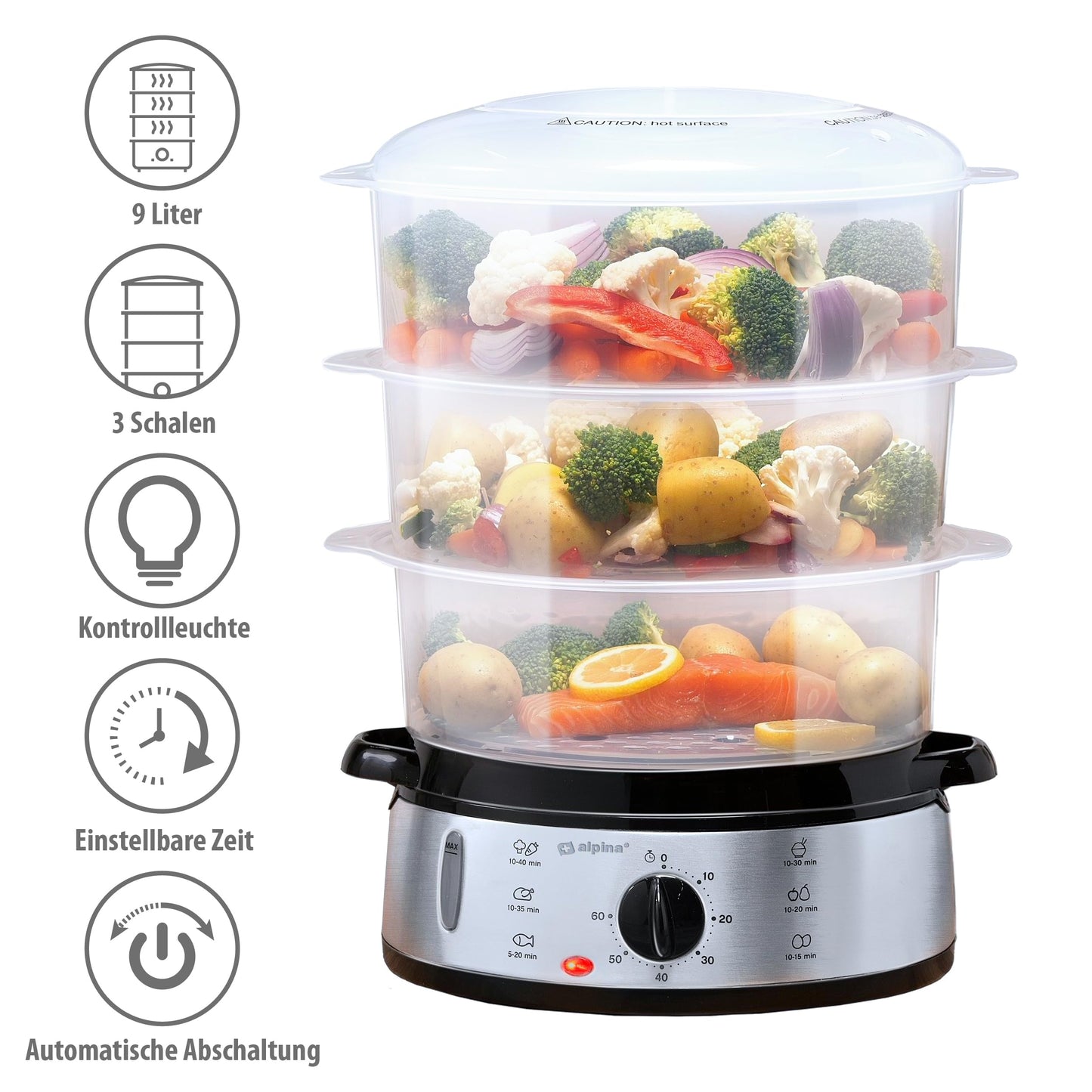 Alpina steamer - steam engine 230V/800W - 3 layer pot - BPA free - steam pot dishwasher safe - ready for use in 0 to 60 minutes - 9 liter capacity - plastic/stainless steel - gray
