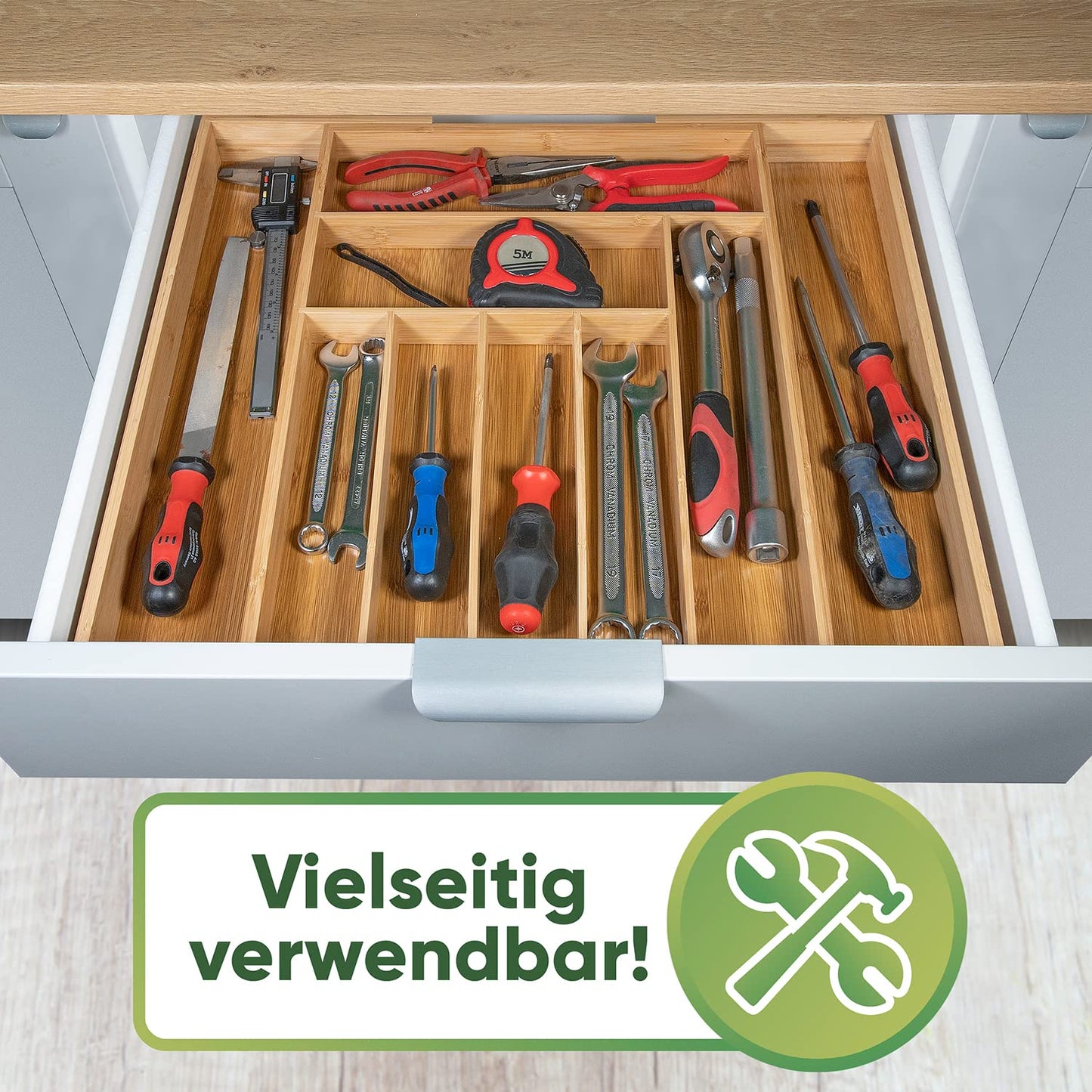 Loco Bird bamboo cutlery tray for drawers, extendable up to 50cm. Adjustable drawer insert for kitchen utensils. Wooden cutlery organizer for kitchen drawers.