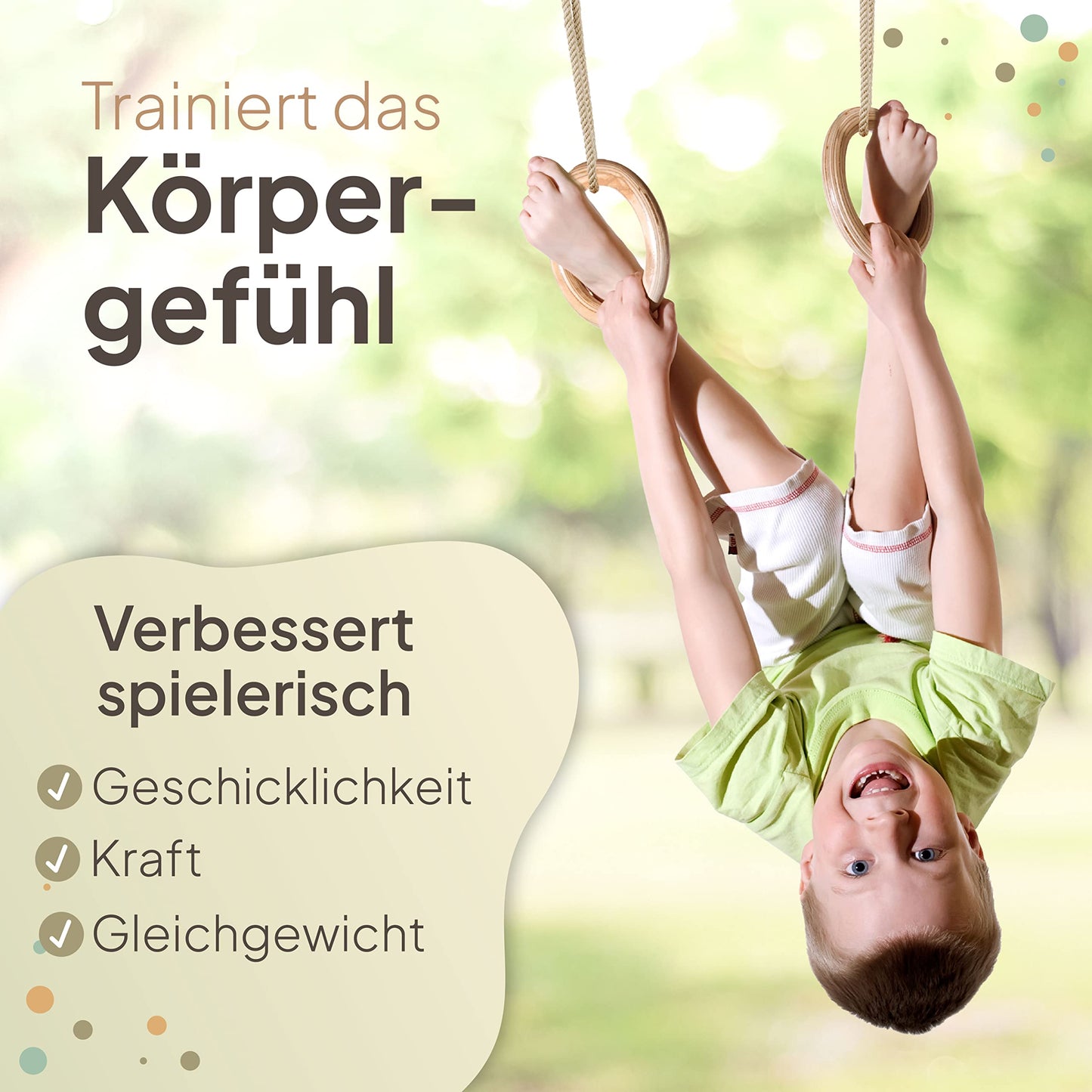 Woudi® wooden gymnastic rings made of laminated solid wood, swing rings with adjustable ropes, for kids and adults I Indoor & Outdoor use I gymnastic rings I toy (17cm outer diameter).
