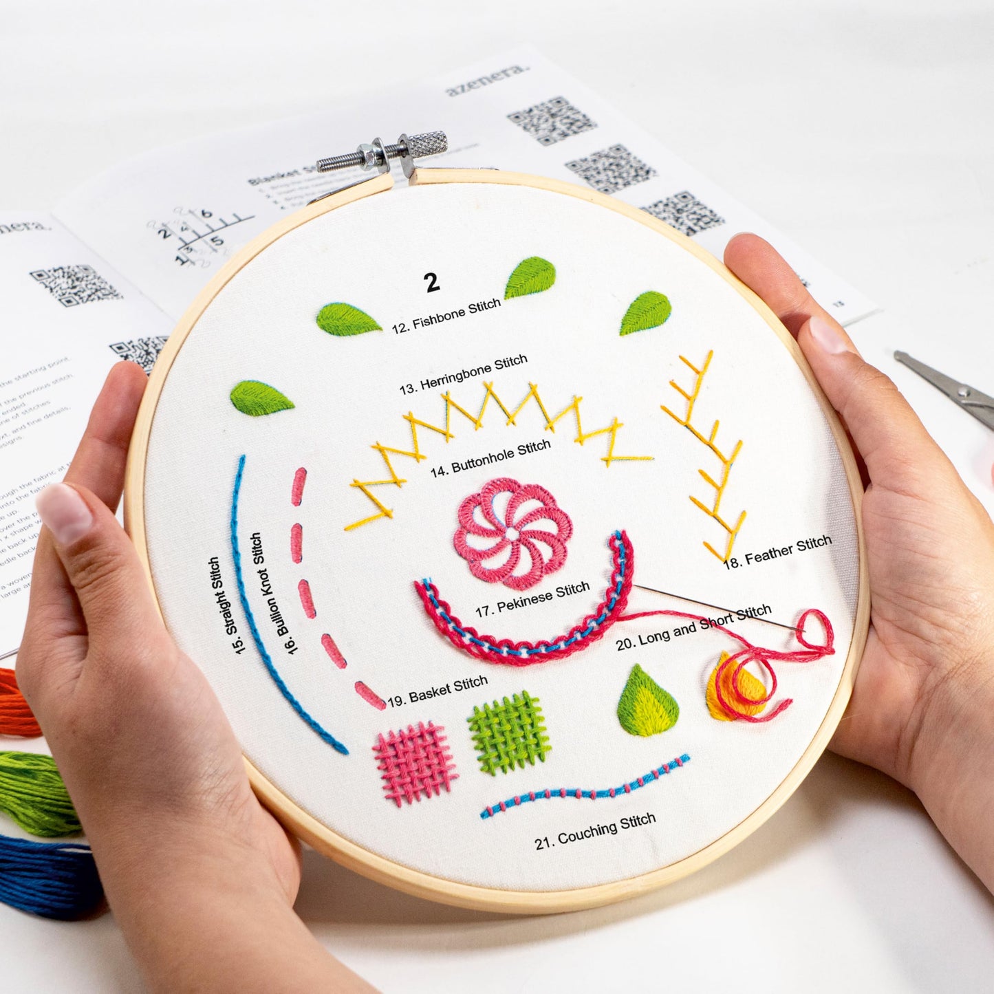 Azenera Embroidery Kit for Beginners - Complete set with video instructions, 4 patterned fabrics, threads, bamboo hoop & tools - Easy way to learn Embroidery (AZA100)