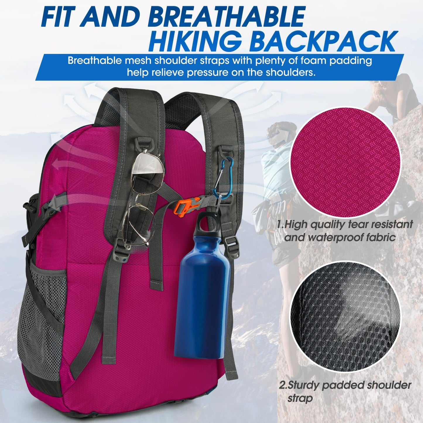IGOLUMON hiking backpack for men and women, 40L waterproof and lightweight. Foldable for travel, with reflective strips for cycling, climbing, hiking, and sports. (Rose)