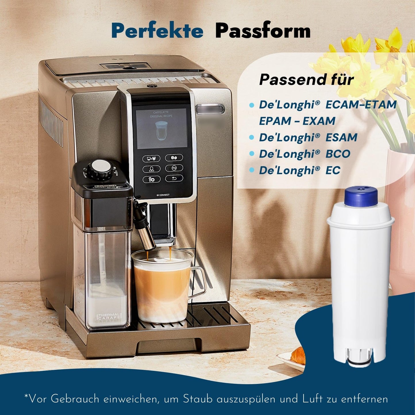 6 pack coffee machine water filters, compatible with Delonghi ECAM series, Dinamica, Cappuccino System, Magnifica, ETAM Autentica and various models of Esam.