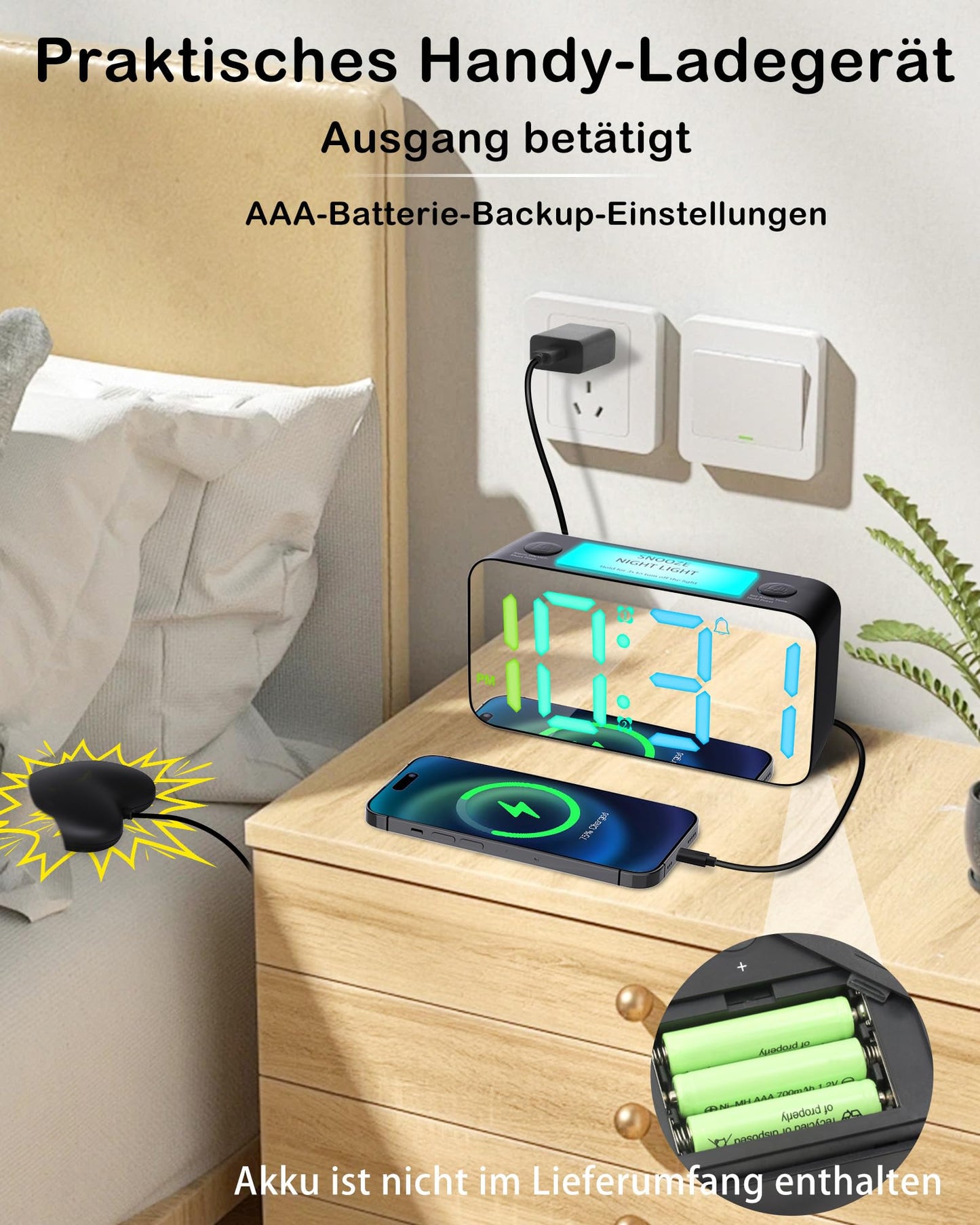 Extremely Loud Vibrating Alarm Clock Bed Shaker for Deaf/Hard of Hearing/Deep Sleepers, RGB Digital Clock for Kids Bedroom, Large Numbers/USB Charger/Nightlight/Auto Off Memory