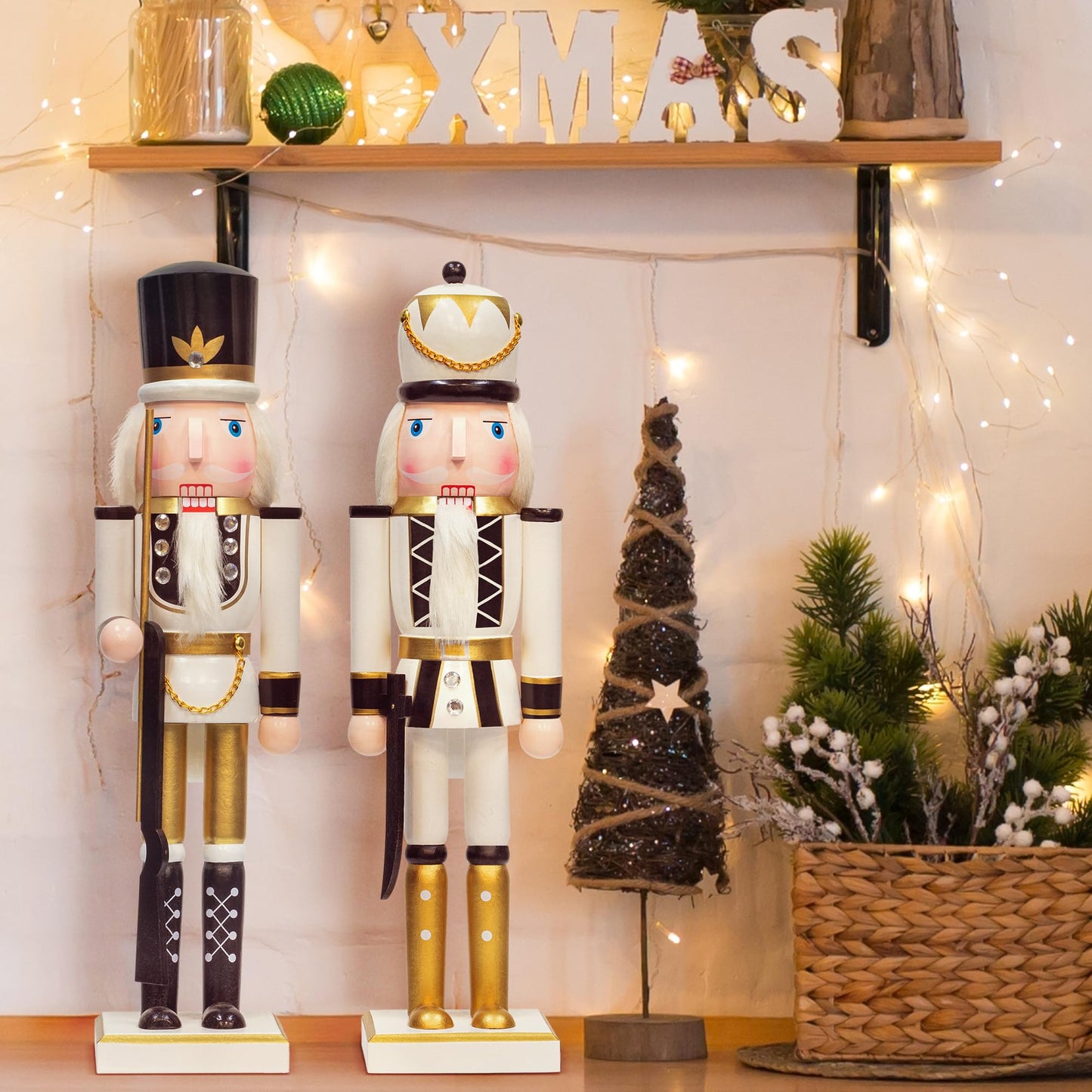 AI Store 38 cm Christmas Nutcracker Figures Christmas decor Large wooden Nutcracker Figure Christmas decoration (Gold White)