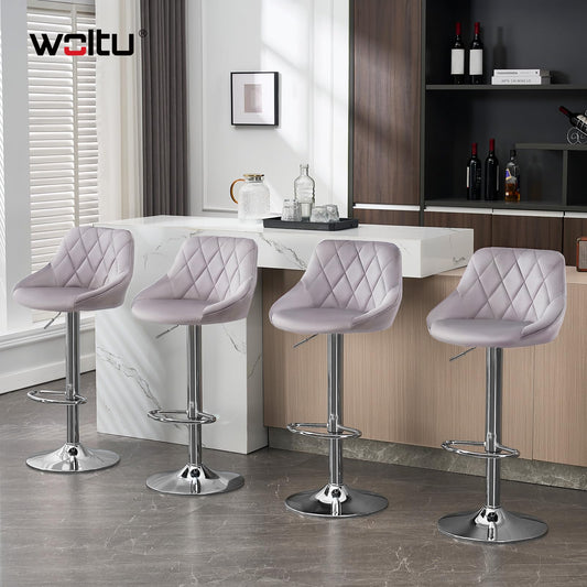WOLTU Set of 2 Bar Stools, Bar Chairs with Backrest, Height Adjustable Swivel, Padded Velvet Seat, Non-Slip Metal Base, for Kitchen Home Bar, Light Grey, BH138hgr-2