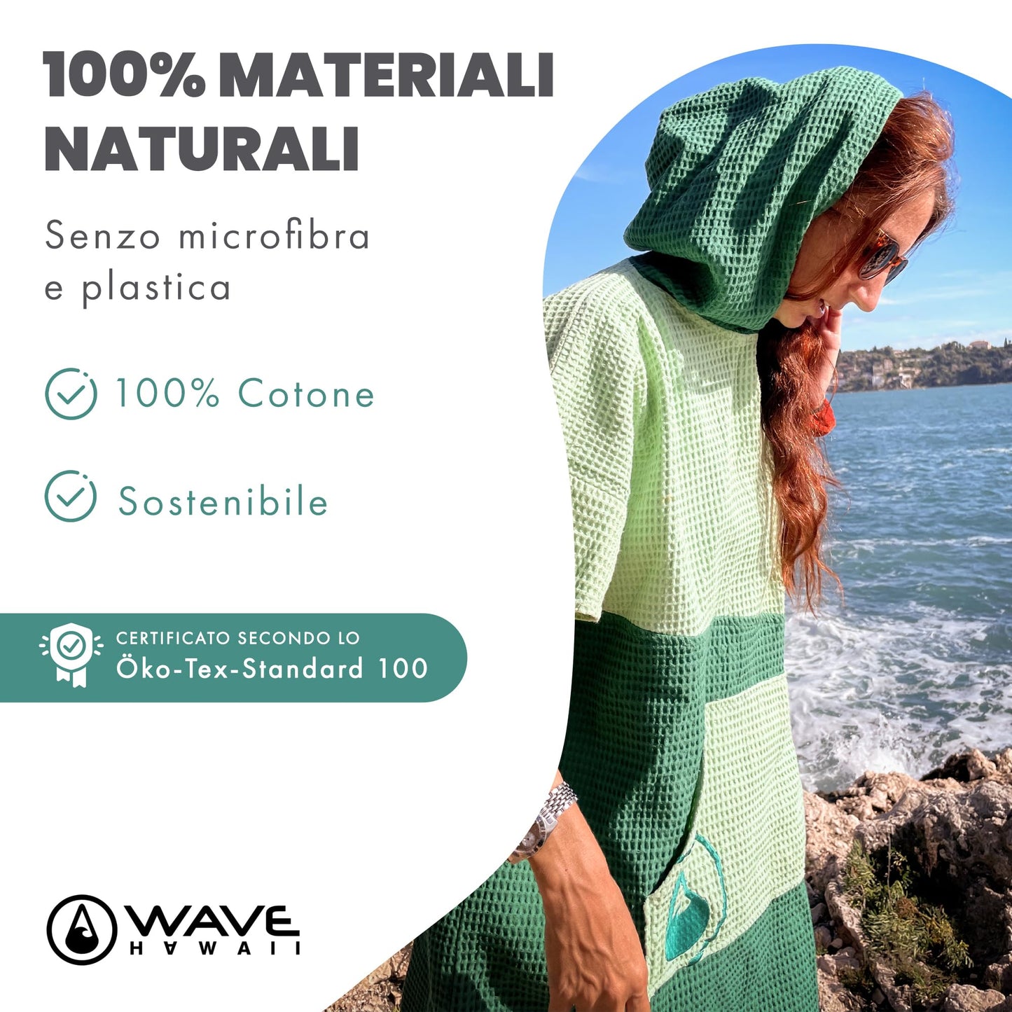 WAVE HAWAII Bath-Surf Poncho Men & Women Breese | Size S/M, 155-185cm | 100% Cotton | Adults | Travel Towel with high water absorption | Changing aid Beach Adults
